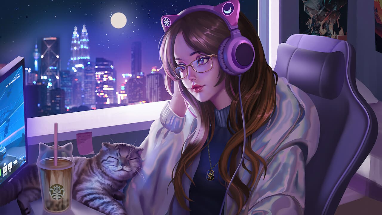 Anime Girl Lofi Cat PC DeskK Wallpaper free Download