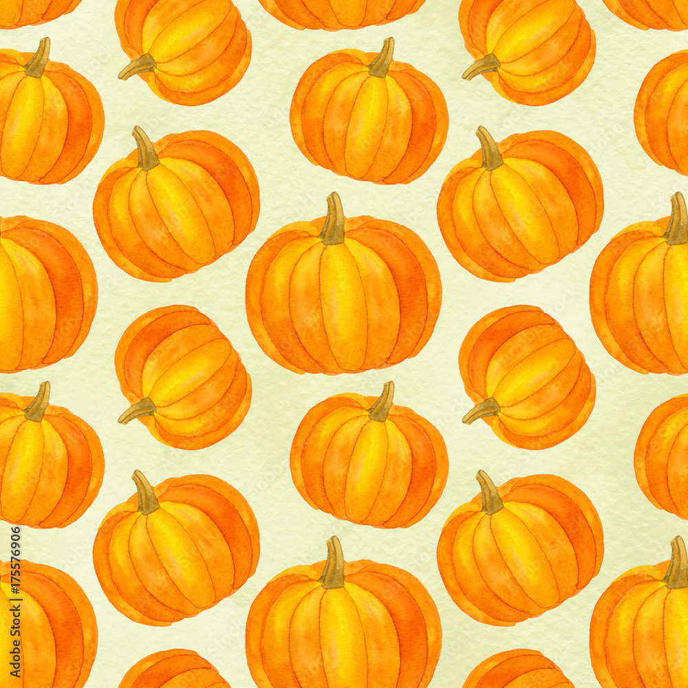 Pumpkin seamless pattern, autumn harvest watercolor Thanksgiving wallpaper with pumpkins on the watercolor wash background Stock Illustration