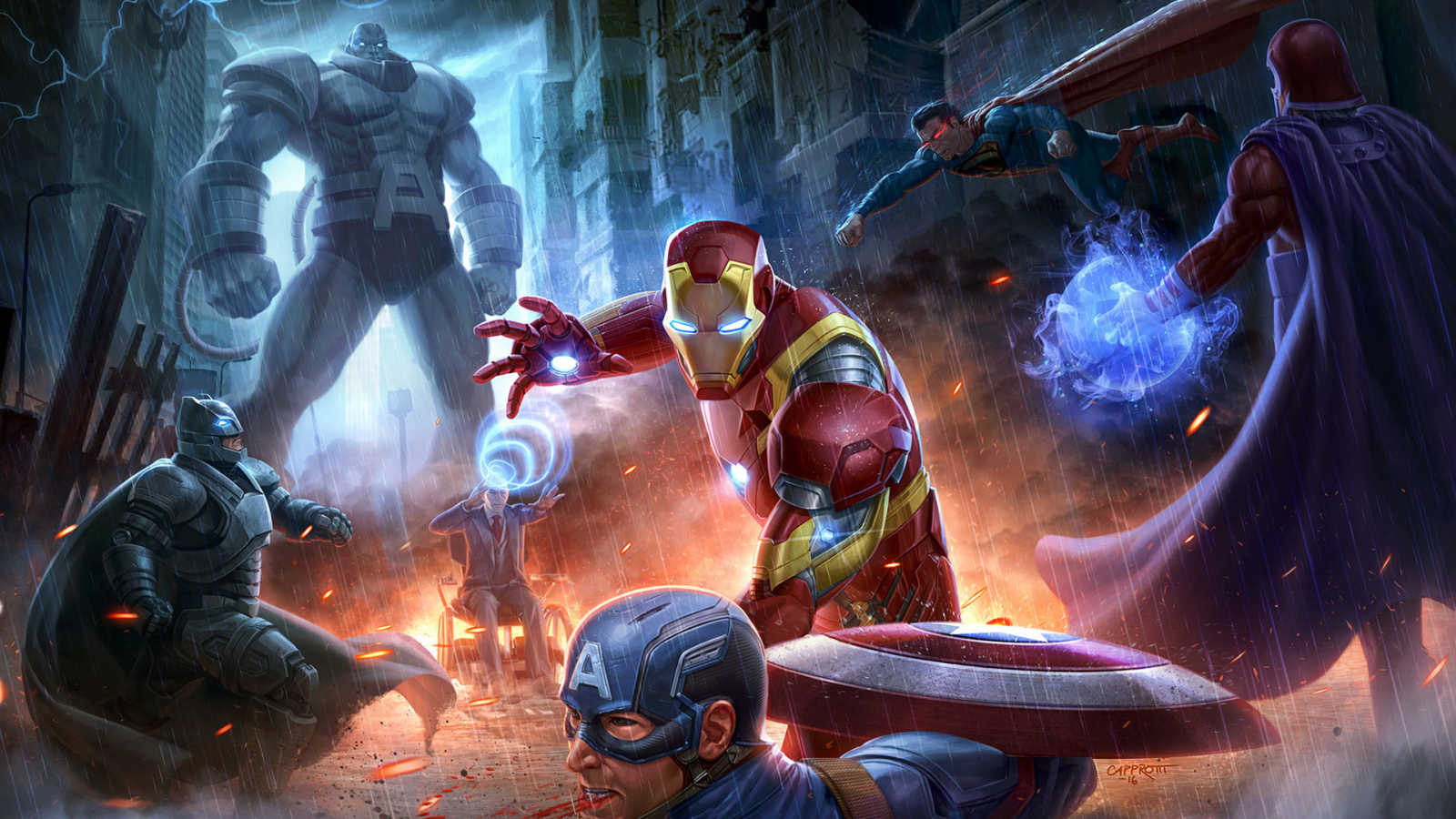 Download wallpaper 1600x900 superheroes fight, marvel, avengers vs justice league, dc comics, 16:9 widescreen 1600x900 HD background, 7673