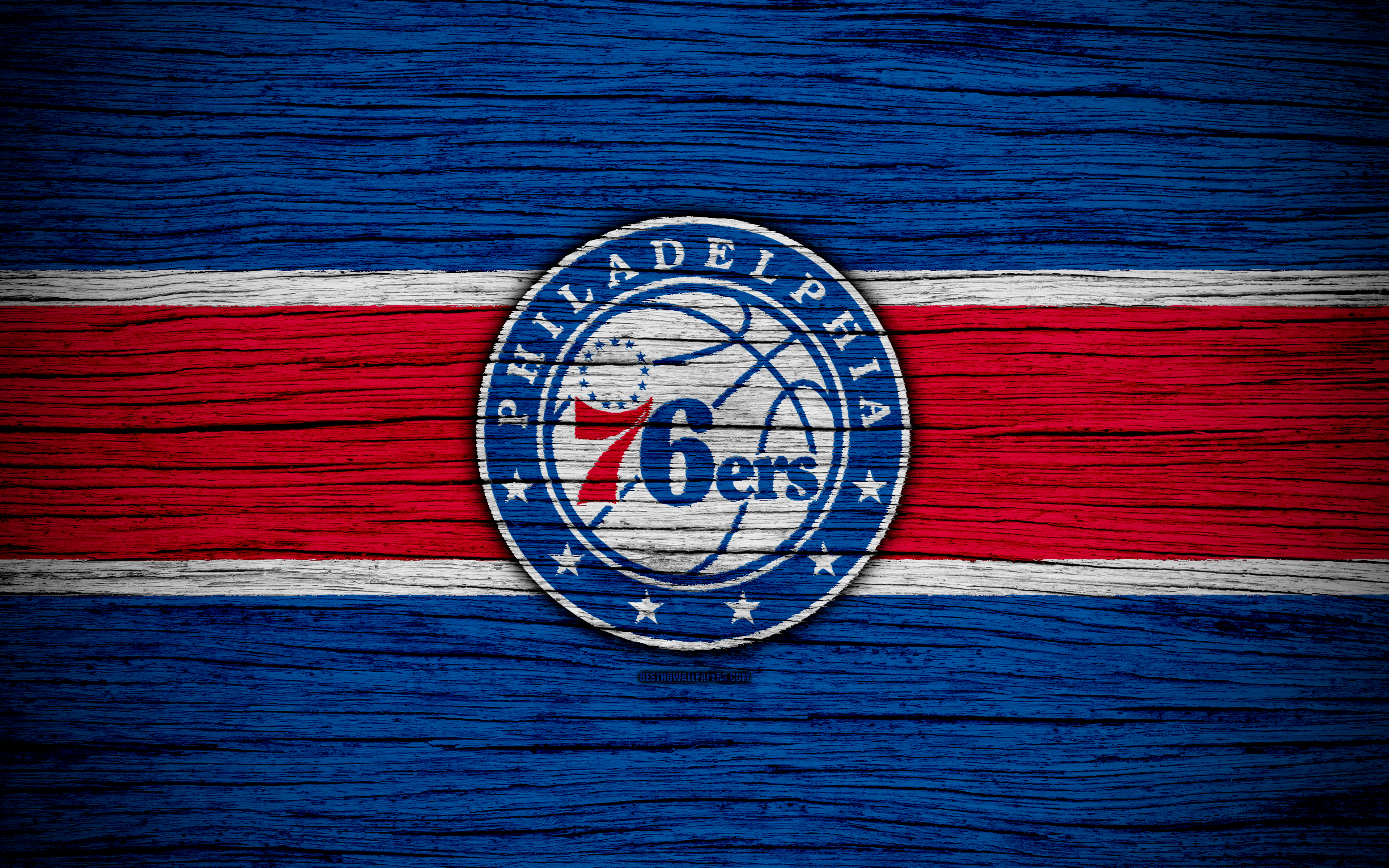 Download wallpaper 4k, Philadelphia 76ers, NBA, wooden texture, basketball, Eastern Conference, USA, emblem, basketball club, Philadelphia 76ers logo for desktop with resolution 3840x2400. High Quality HD picture wallpaper