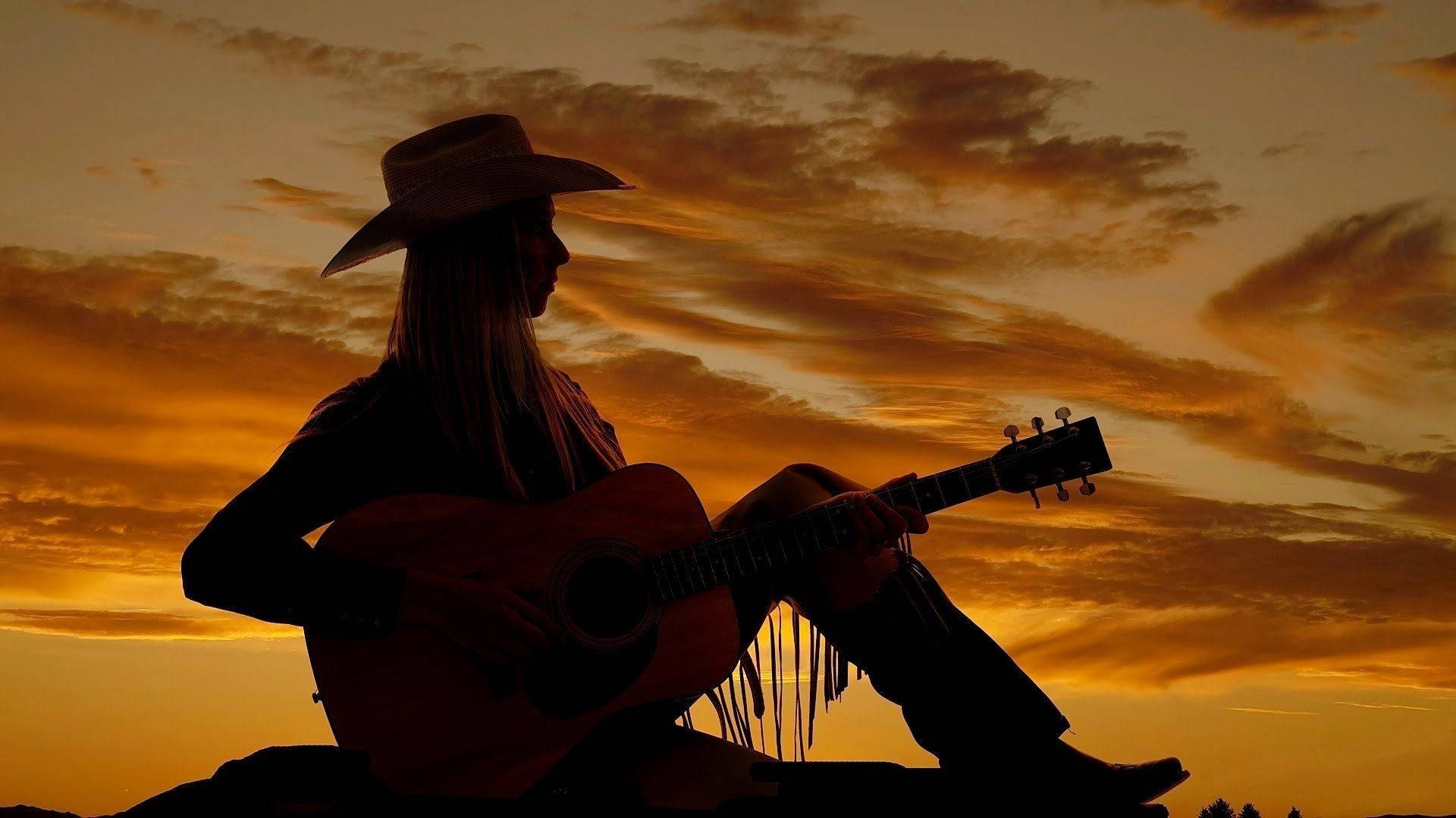 Download Cowgirl Guitar Country Sunset Wallpaper