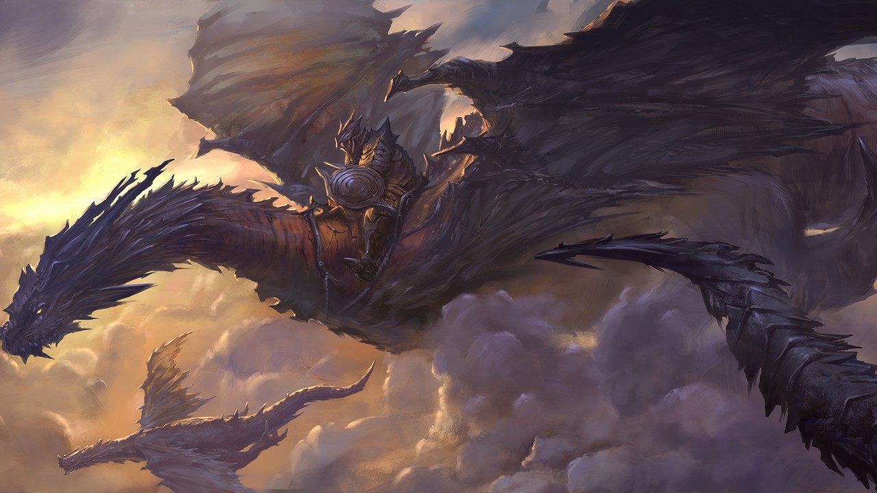 Wallpaper Dragon, sky, clouds, rider, armor, art, wings, black, fantasy, Art