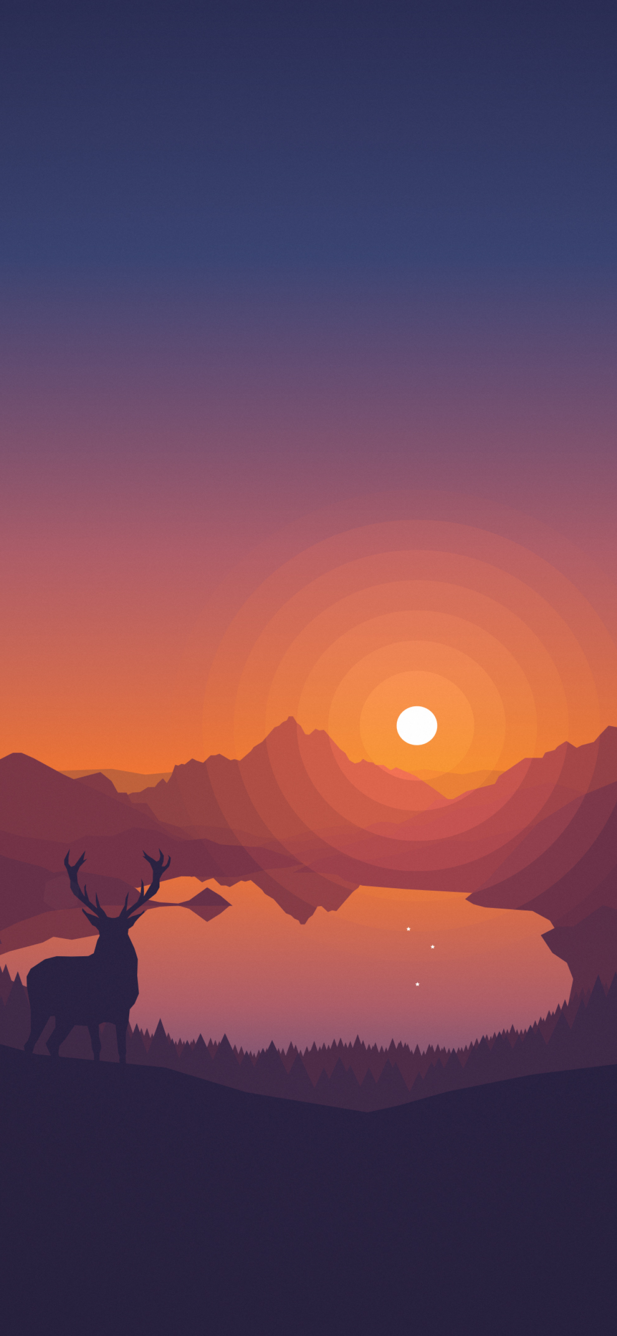 Lakeside Wallpaper 4K, Sunset, Deer, Minimal art, Landscape, Scenic, Nature