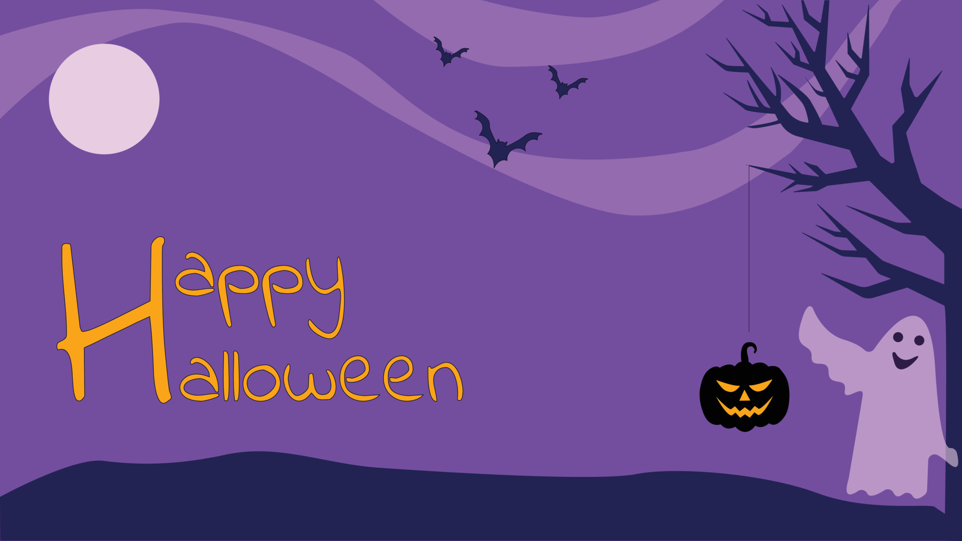 Happy Halloween ghost scary purple background, banner or party background with bats and pumpkin