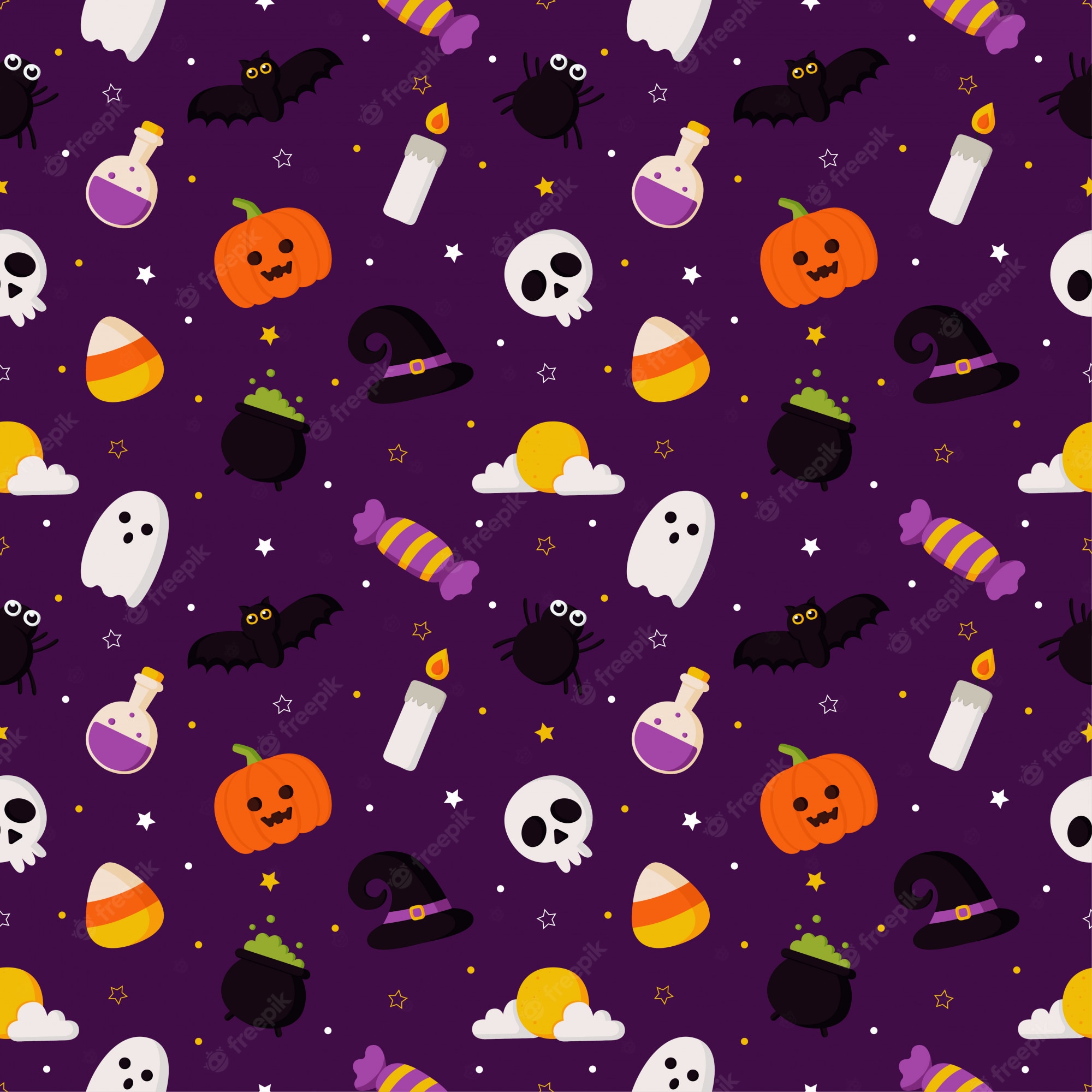 Premium Vector. Happy halloween seamless pattern on purple background