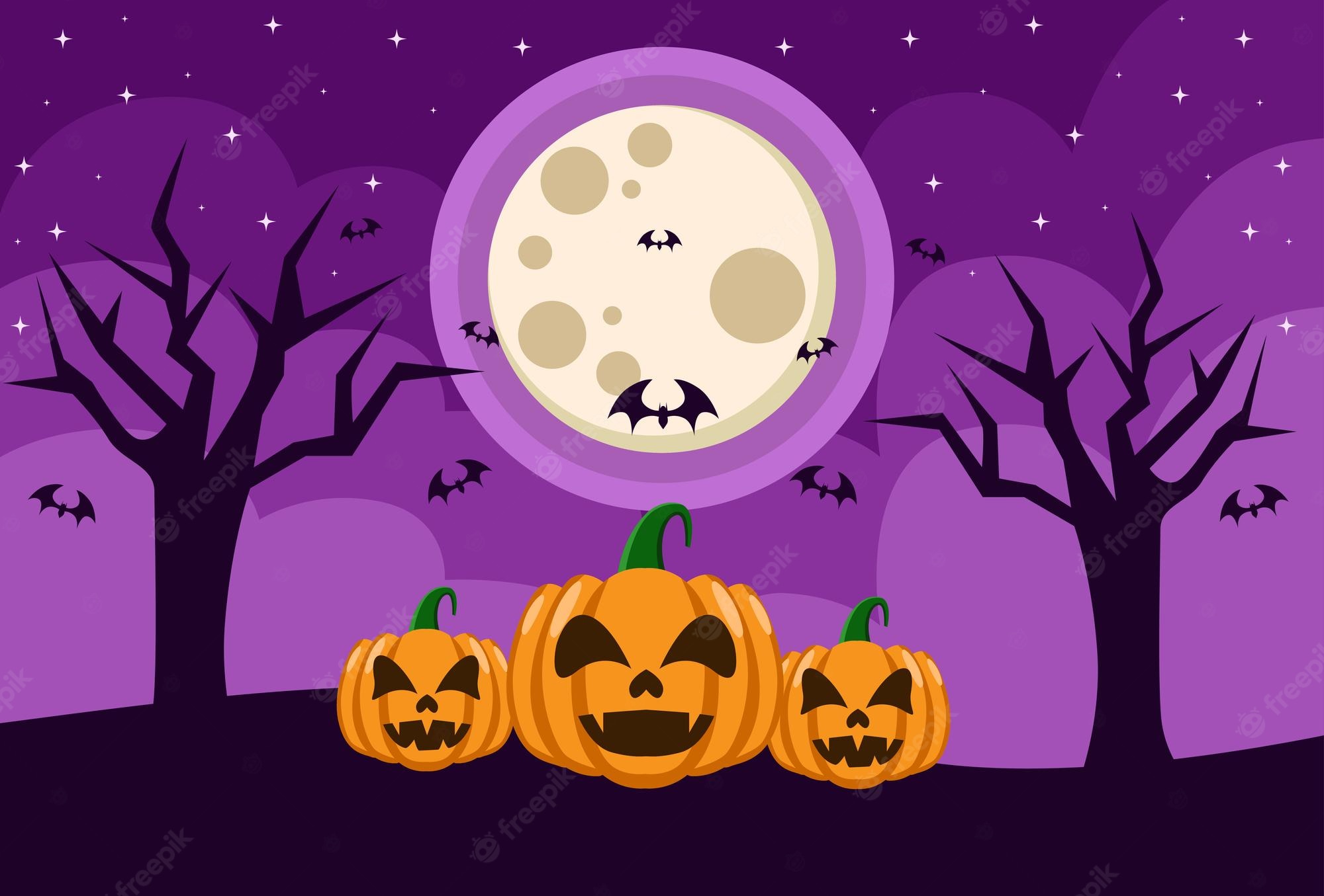 Premium Vector. Happy halloween background design in purple color for banner poster cover and more