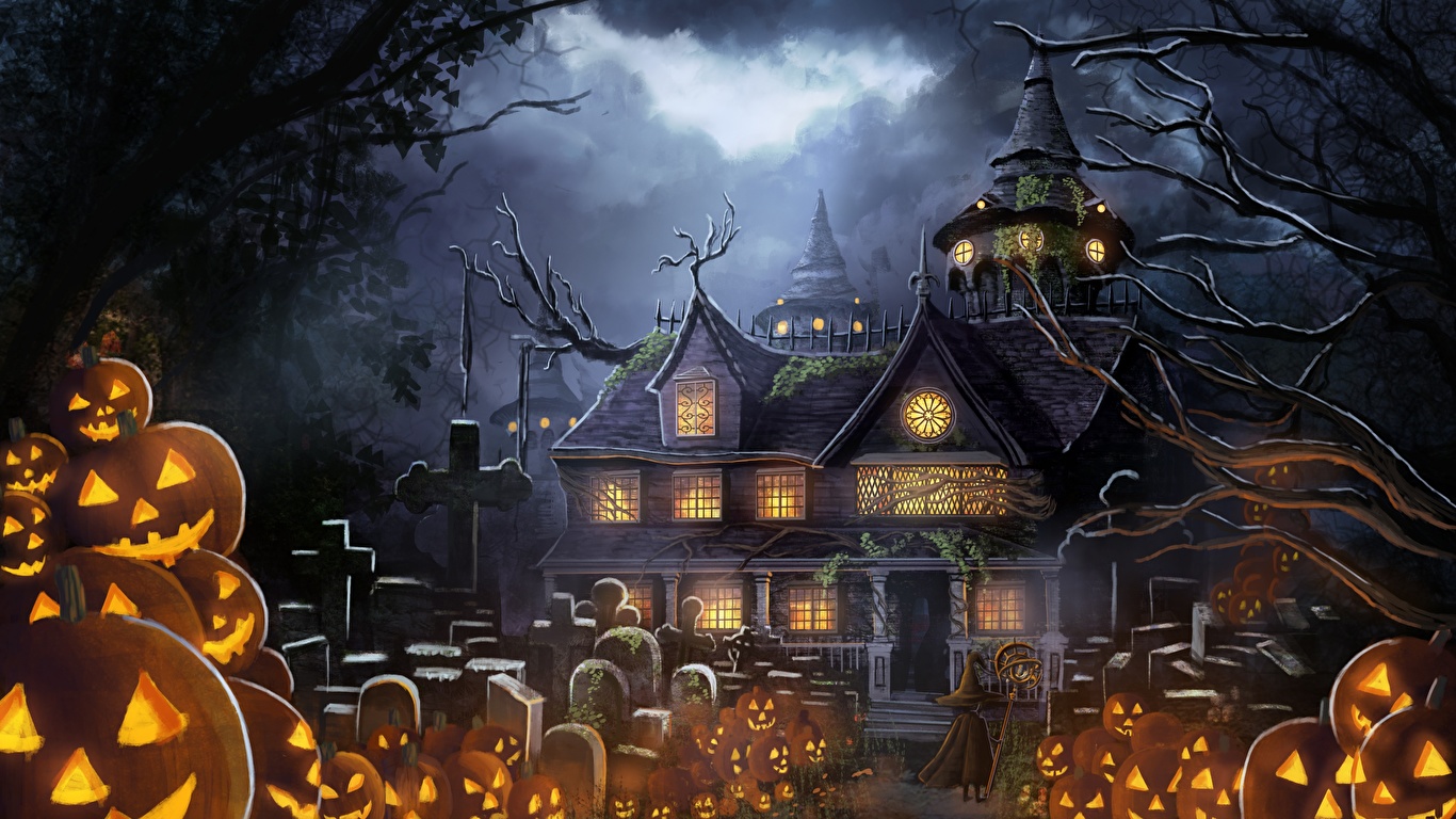 Wallpaper graveyard Anime Pumpkin Fantasy Halloween Houses 1366x768