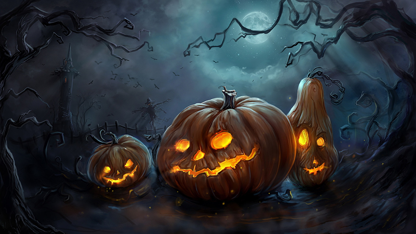 Wallpaper Fantasy Pumpkin Halloween Moon night time 1366x768