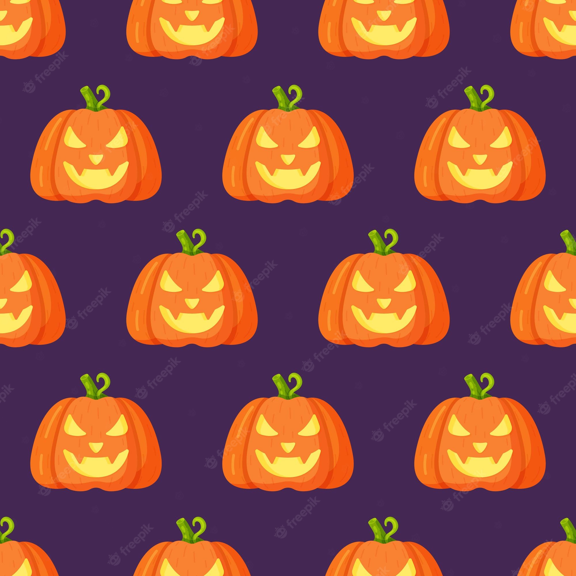 Premium Vector. Vector illustration of a pattern of pumpkins isolated on a purple background. seamless halloween background with orange pumpkin faces. scary holiday wallpaper
