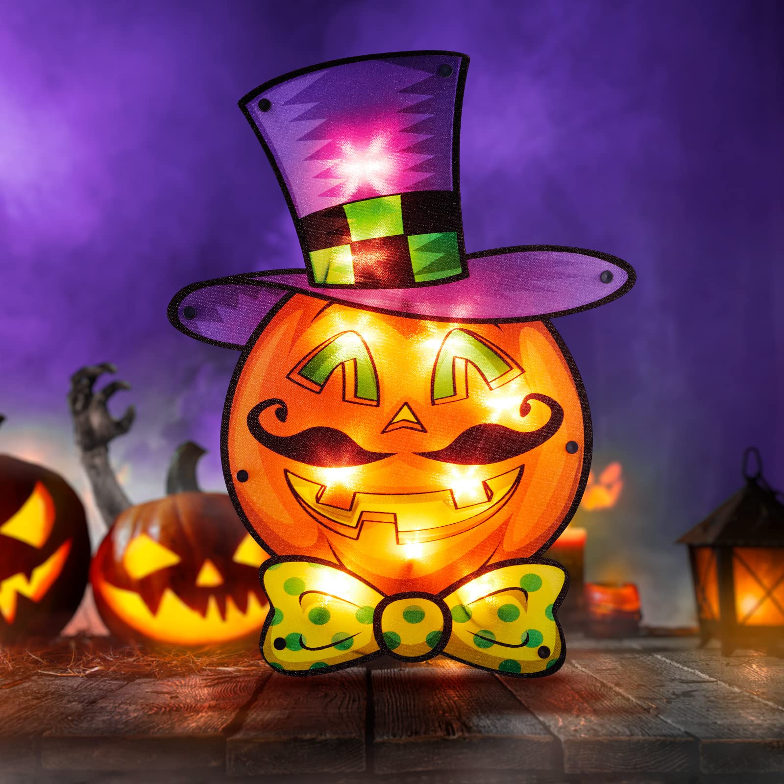 Halloween Decoration Pumpkin Lights x 16 Inch Vintage Lighted Up Pumpkin Window Silhouette with Orange Lights for Indoor Outdoor Wall Door Fireplace Holiday Theme Ornament, Home & Kitchen