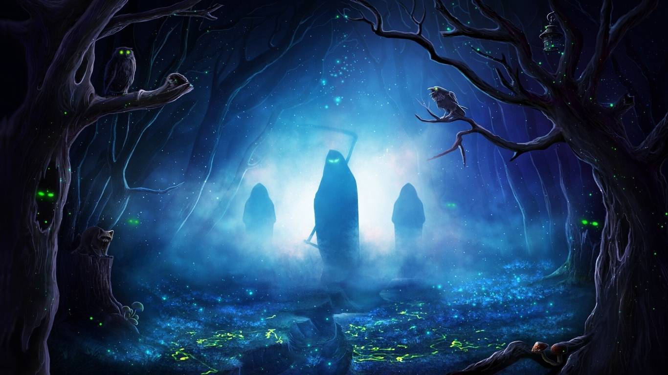 Download wallpaper 1366x768 halloween, silhouette, creepy reapers, nightout, forest, art, tablet, laptop, 1366x768 HD background, 20887