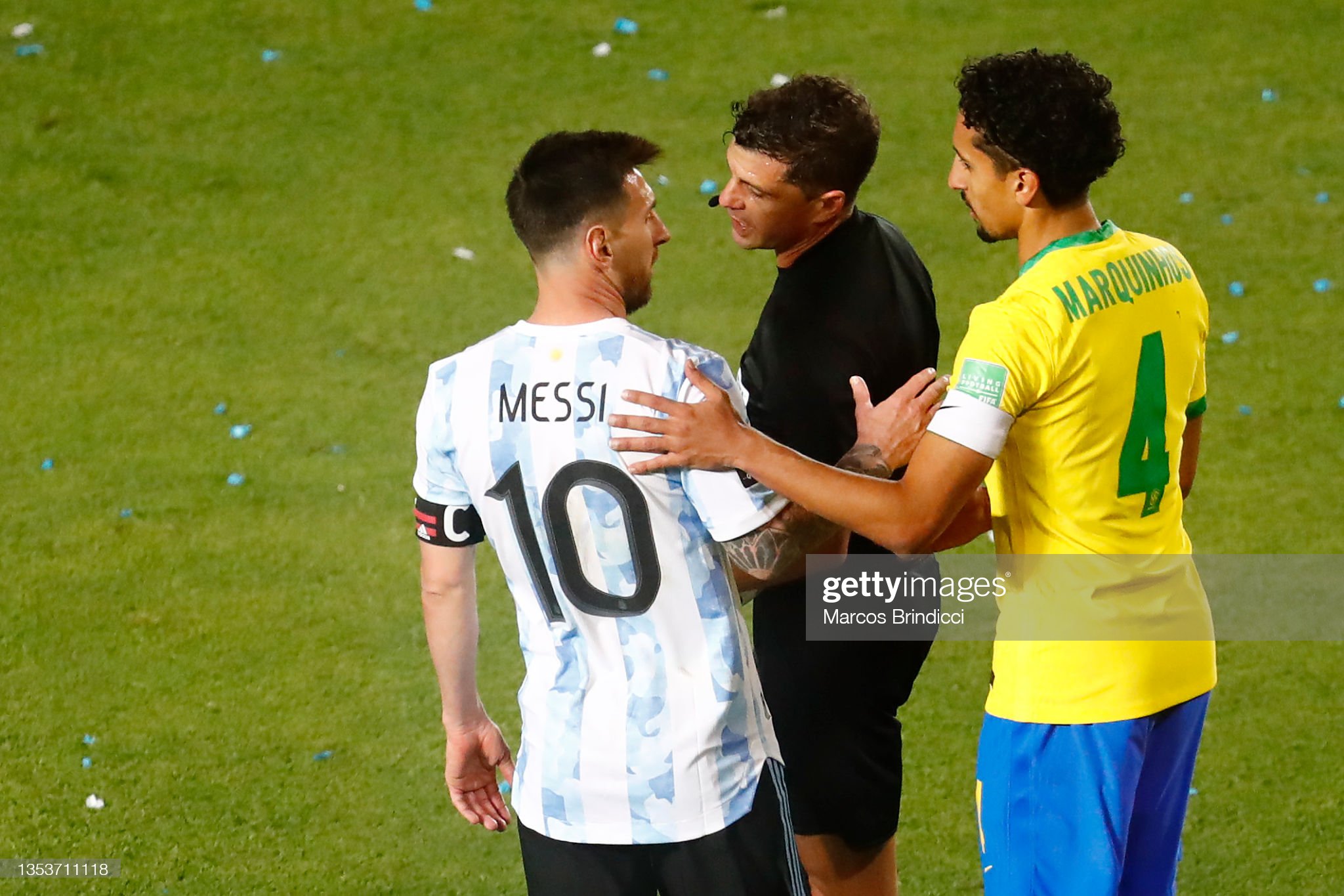 Lionel Messi of Argentina hugs Marquinhos of Brazil after a match. News Photo