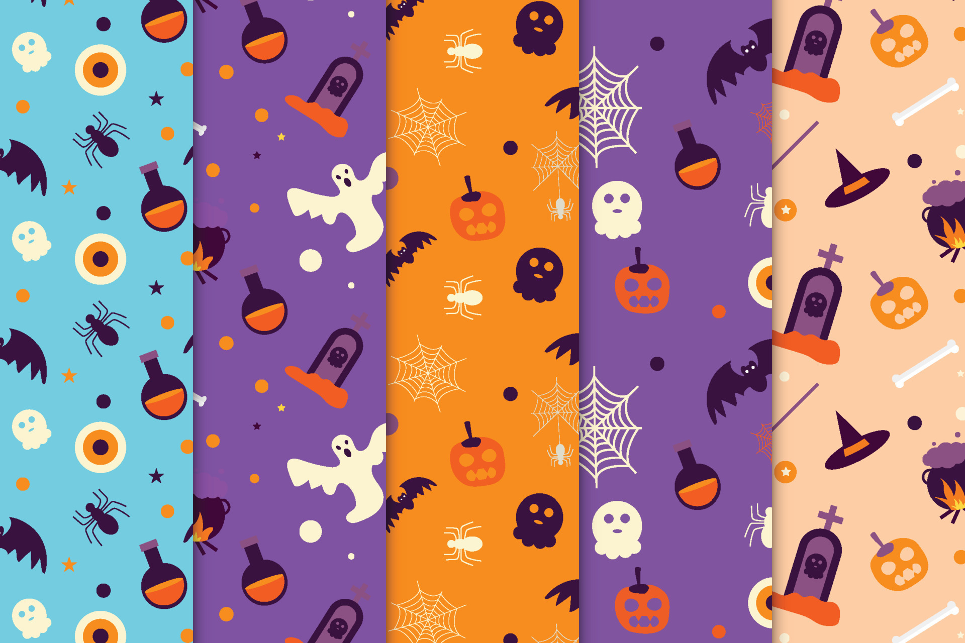 Halloween seamless pattern collection on purple and orange background. Abstract Halloween pattern bundle for book covers and wallpaper. Halloween pattern set with ghosts and witchcraft elements