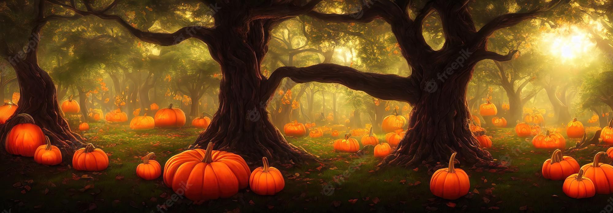 Premium Photo. Halloween pumpkins are lying in the forest under the trees panorama of a fabulous forest on the eve of halloween 3D illustration