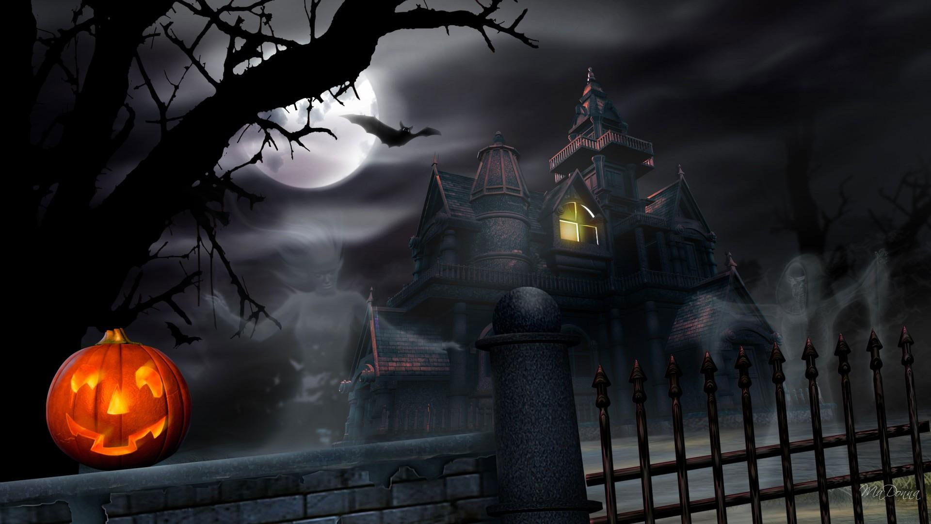 Wallpaper Haunted Halloween House, Lights, Full Moon, Jack • Wallpaper For You