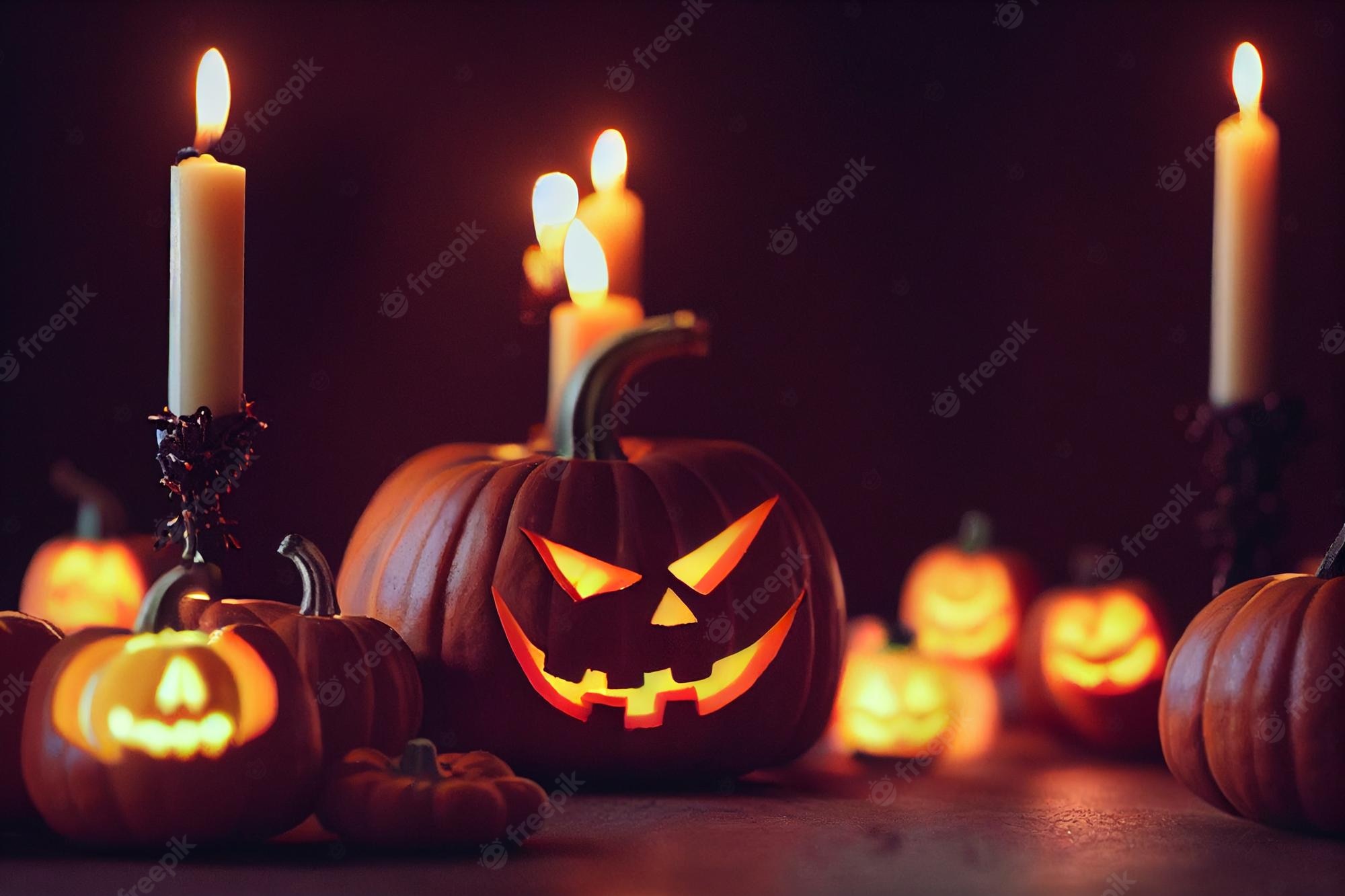 Premium Photo. Scary halloween pumpkin wallpaper over wooden plankswith candles and with scary tones for party nightclose up view of scary halloween pumpkin with eyes glowing inside at black background