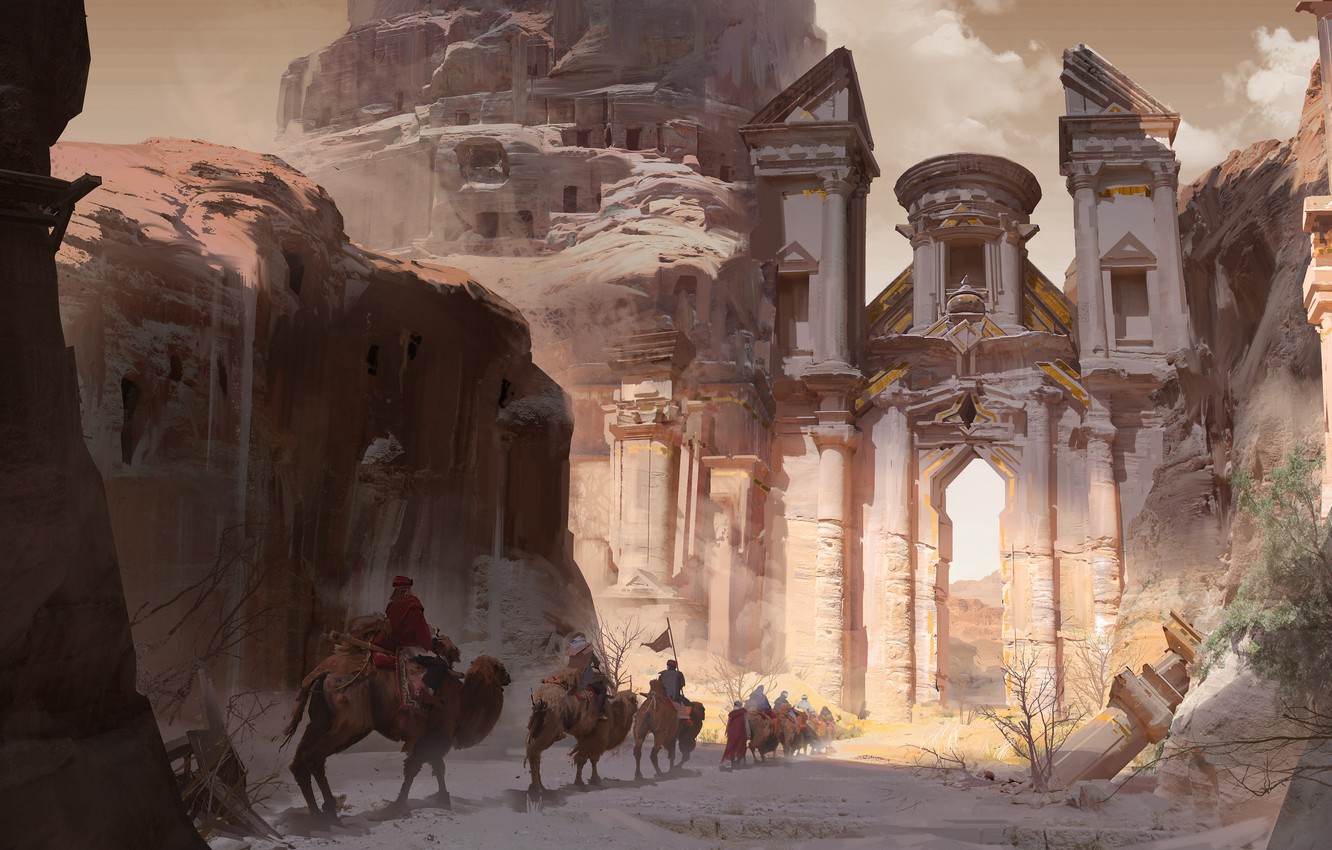 Wallpaper Portal, fantasy, desert, animals, people, ruins, digital art, artwork, fantasy art, camels, caravan, fantasy city image for desktop, section фантастика