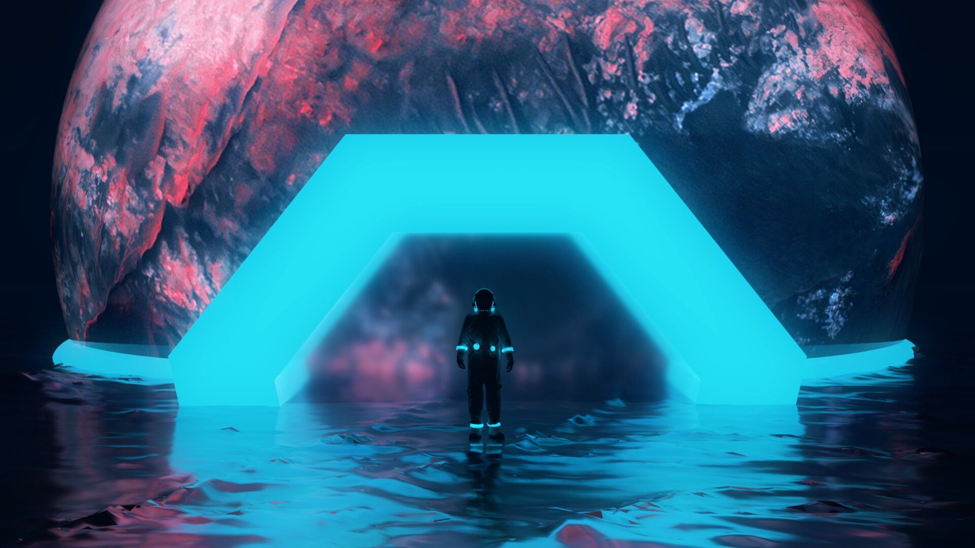 Download wallpaper 1920x1080 astronaut, planet, neon, water full hd, hdtv, fhd, 1080p HD background