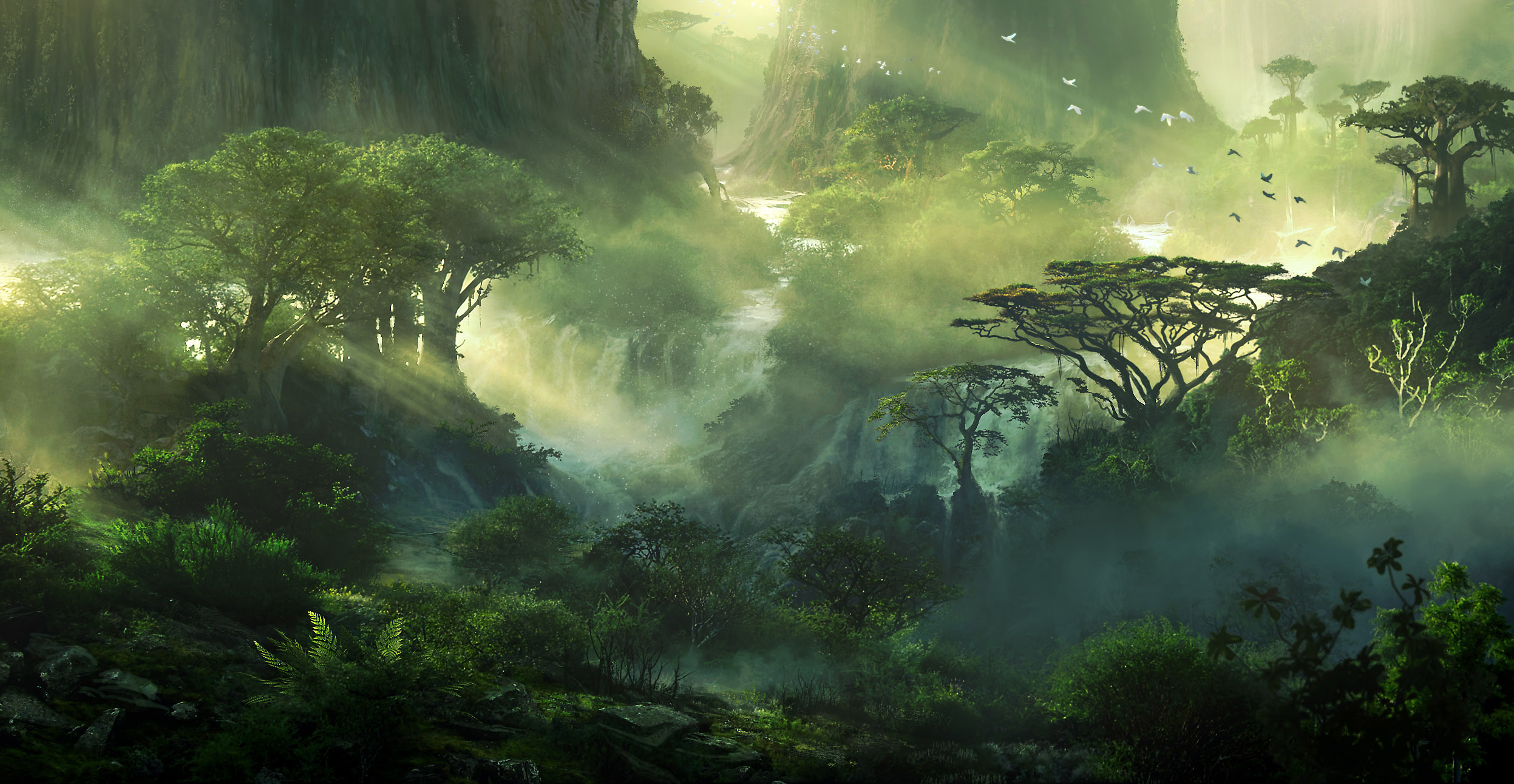 Fantasy Forest Green Landscape Tree Wallpaper:2494x1292