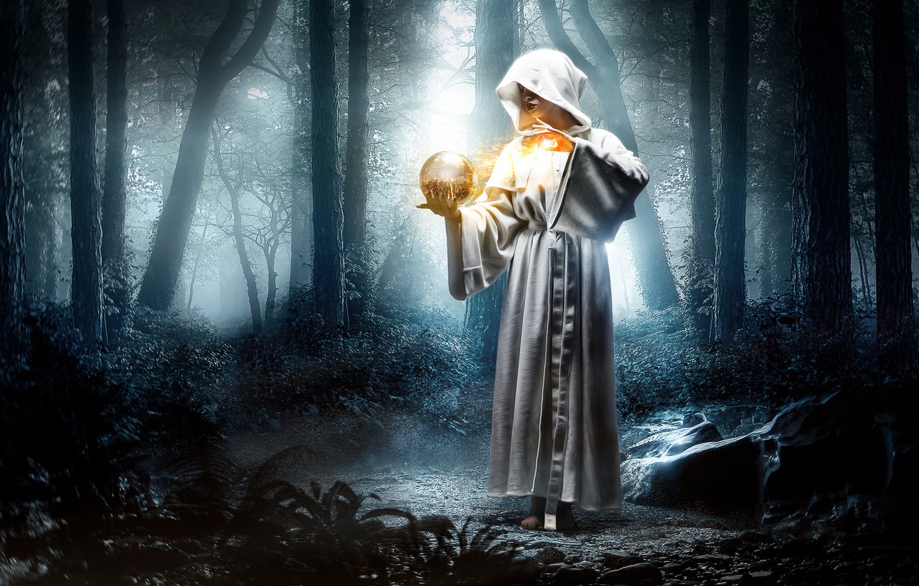 Wallpaper forest, girl, fantasy, magic, magic, ball, the situation, hood, Bathrobe image for desktop, section ситуации