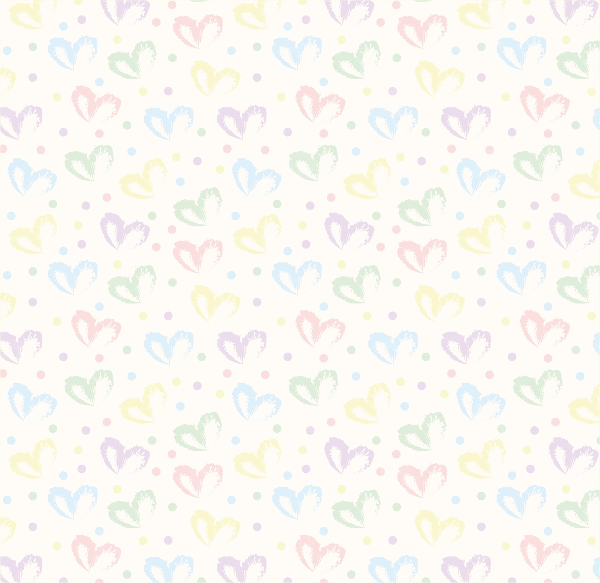 Seamless pattern of hand drawn hearts in pastel rainbow colors on beige and neutral background