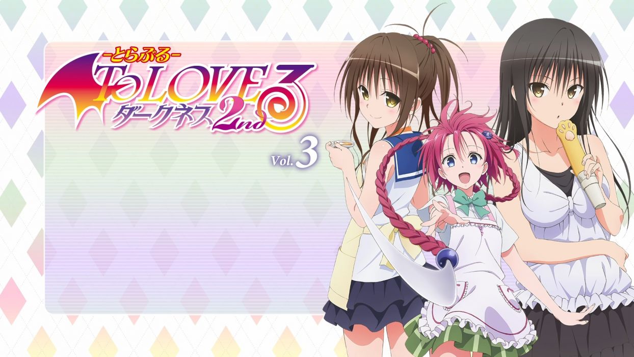 apron black hair blue eyes bow braids brown eyes brown hair dress kotegawa yui logo long hair pink hair ponytail skirt to love ru yuuki mikan wallpaperx1080