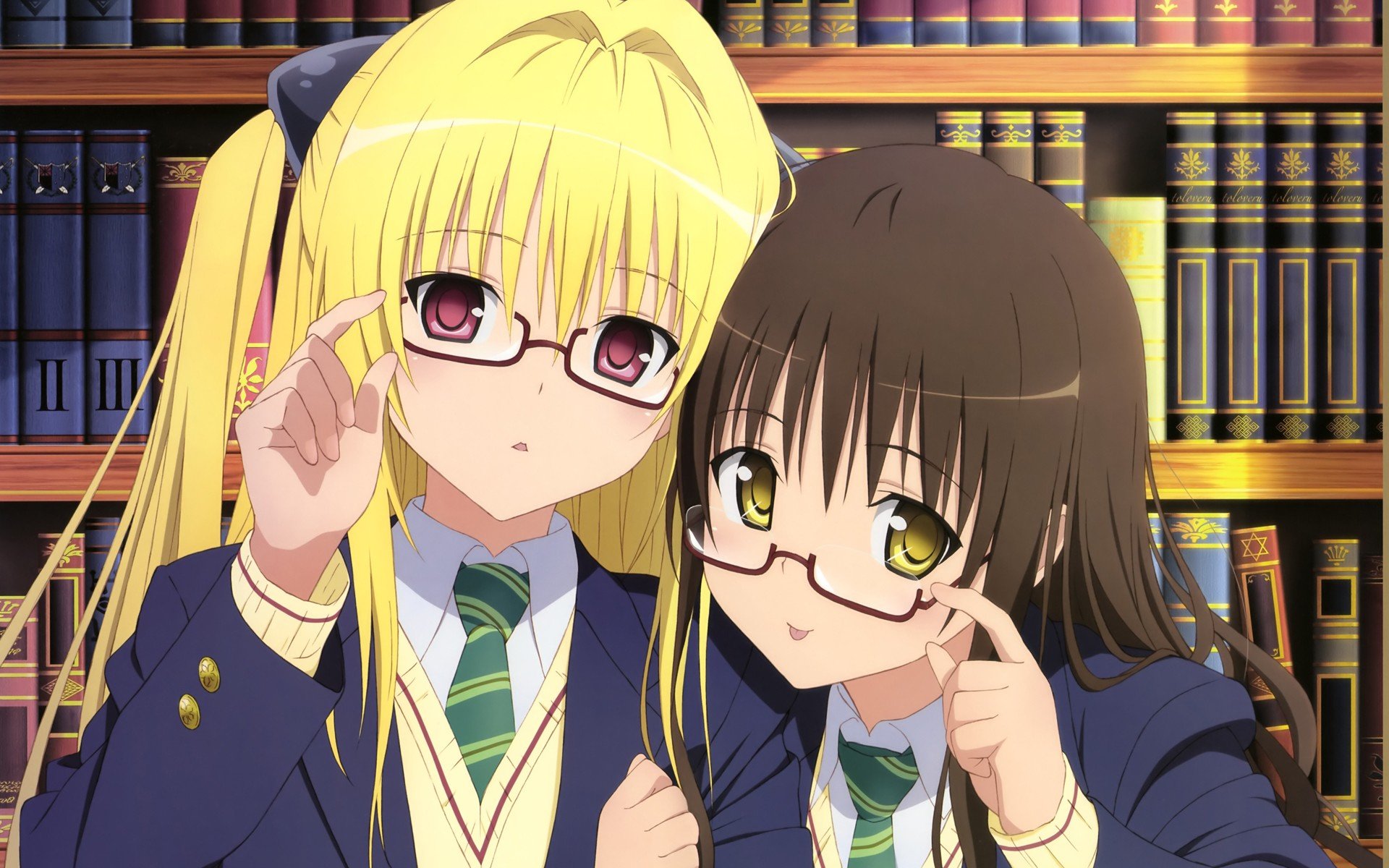 Brunettes blondes school uniforms schoolgirls tie glasses To Love Ru Golden Darkness books red eyes short hair yellow eyes Yuuki Mikan meganekko purple eyes anime girls wallpaperx1200