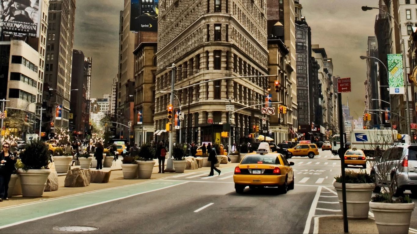 Download wallpaper 1366x768 new york, city, building, street, cars, traffic tablet, laptop HD background