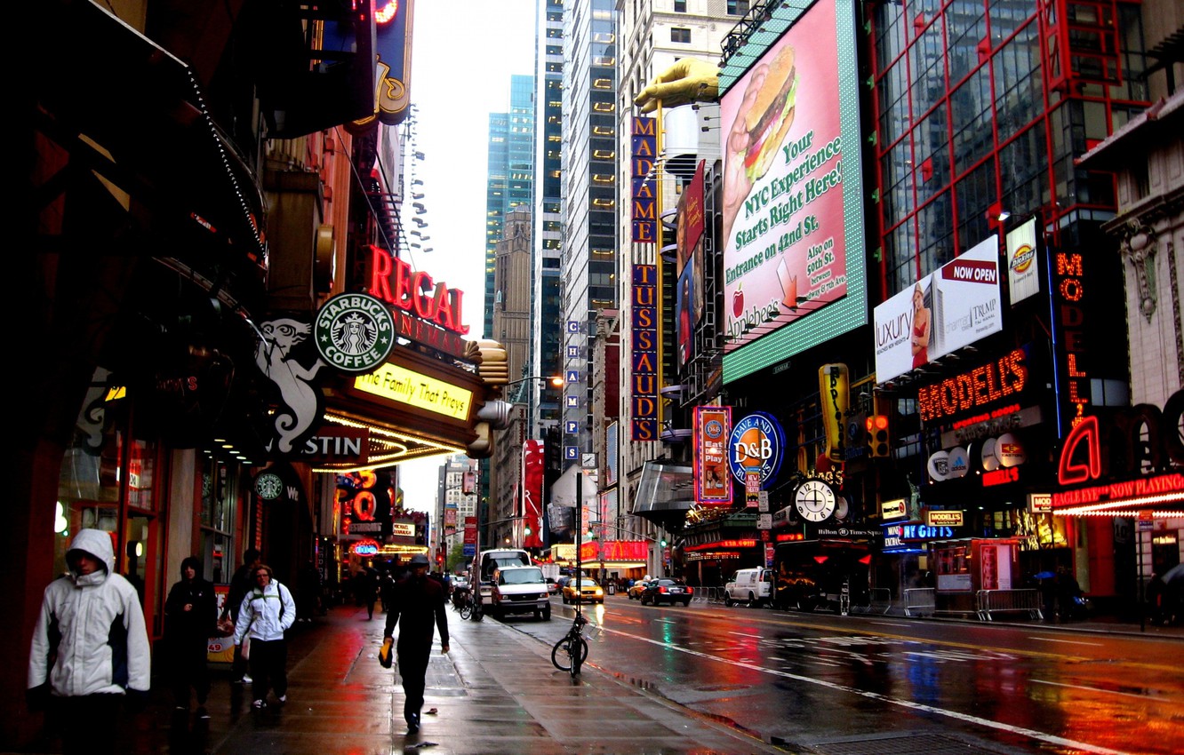Wallpaper the city, people, rain, skyscraper, New York, New York, Manhattan, Starbucks image for desktop, section город