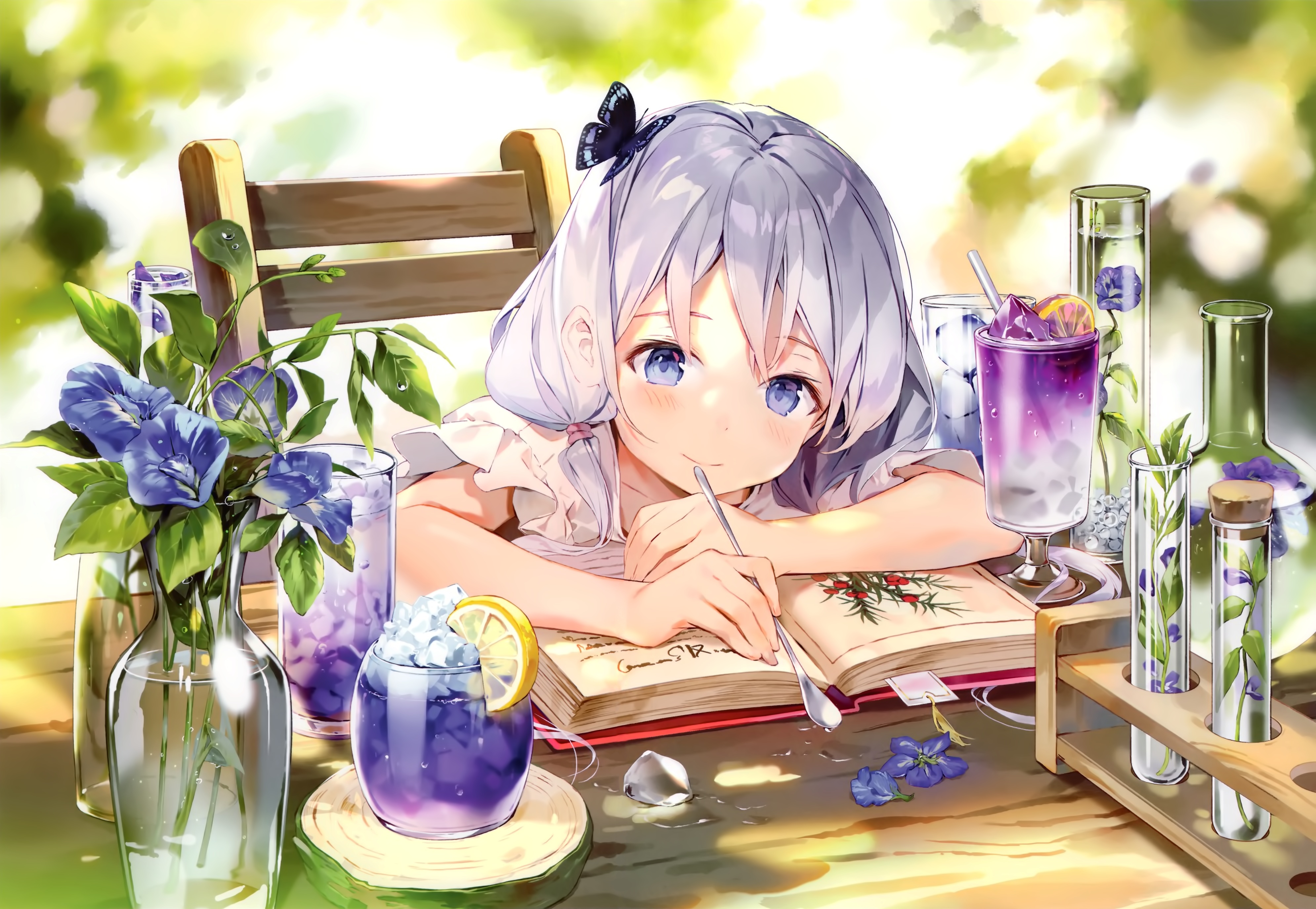 Download 1600x2560 Anime Girl, Loli, Lazy, Resting, Spoon, Book, Gray Hair Wallpaper for Google Nexus 10