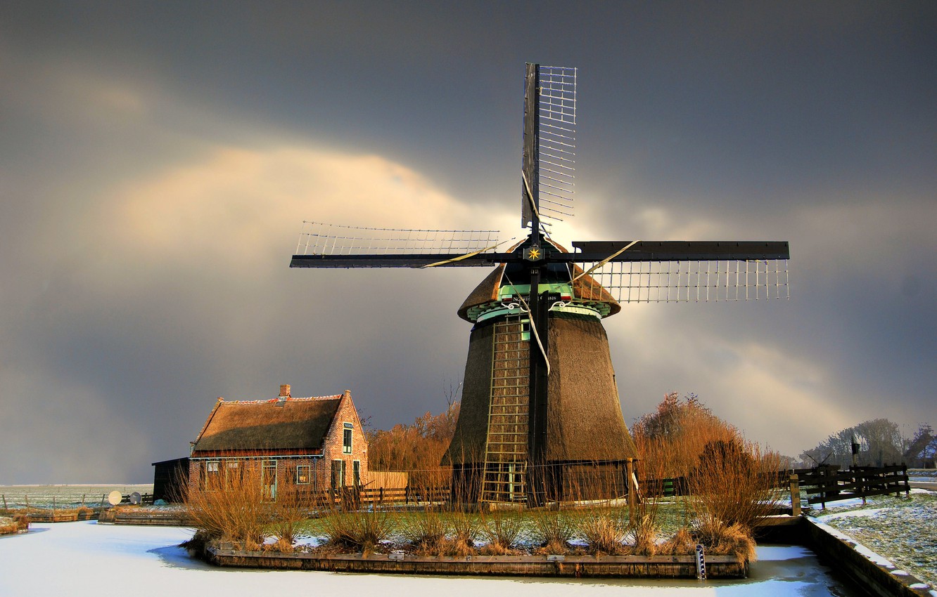 Wallpaper winter, Netherlands, windmill image for desktop, section пейзажи