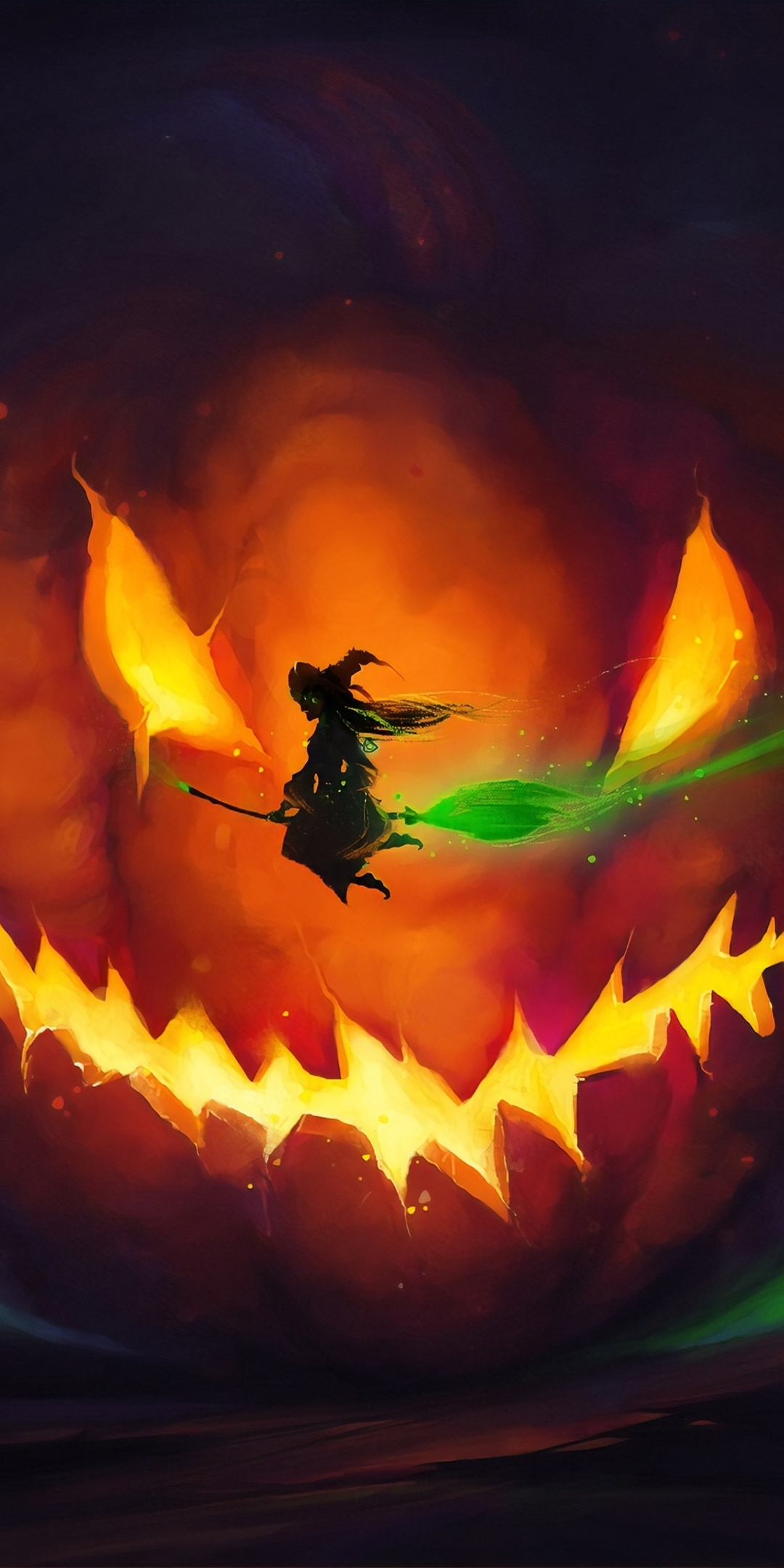 Download wallpaper 1080x2160 2019 halloween, witch, flight, pumpkin glow, art, honor 7x, honor 9 lite, honor view 1080x2160 HD background, 23183