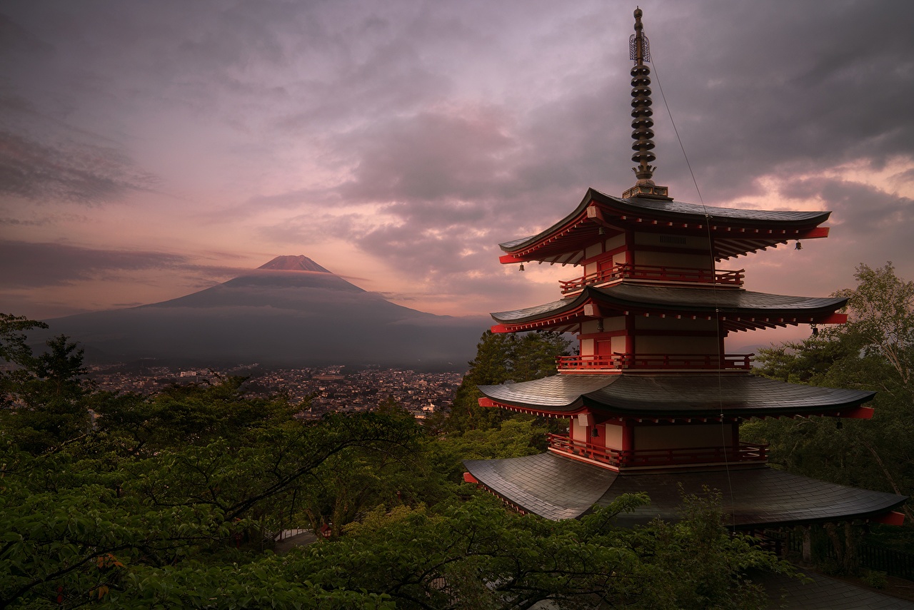 Desktop Wallpaper Mount Fuji Japan volcanoes Honshu Nature Building