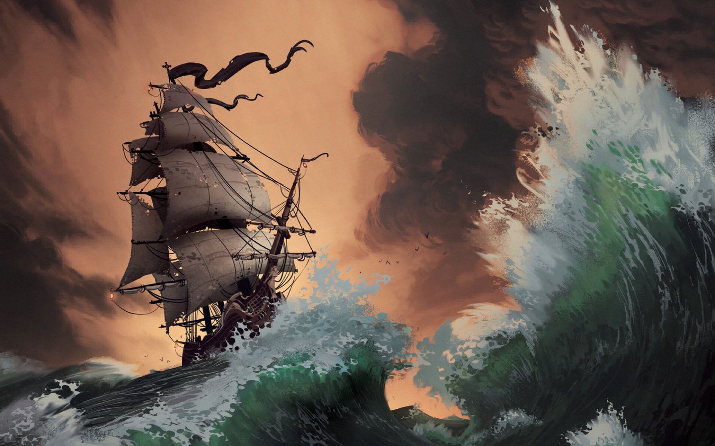 Download wallpaper 1440x900 storm, ship, sea, waves, art widescreen 16:10 HD background