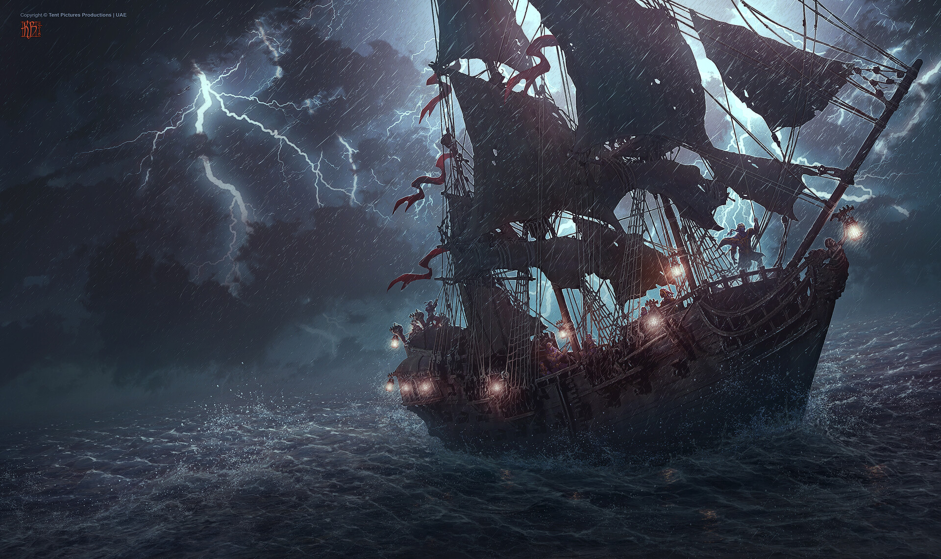 Artwork Digital Art Storm Lightning Ship Sea Wallpaper:1920x1141