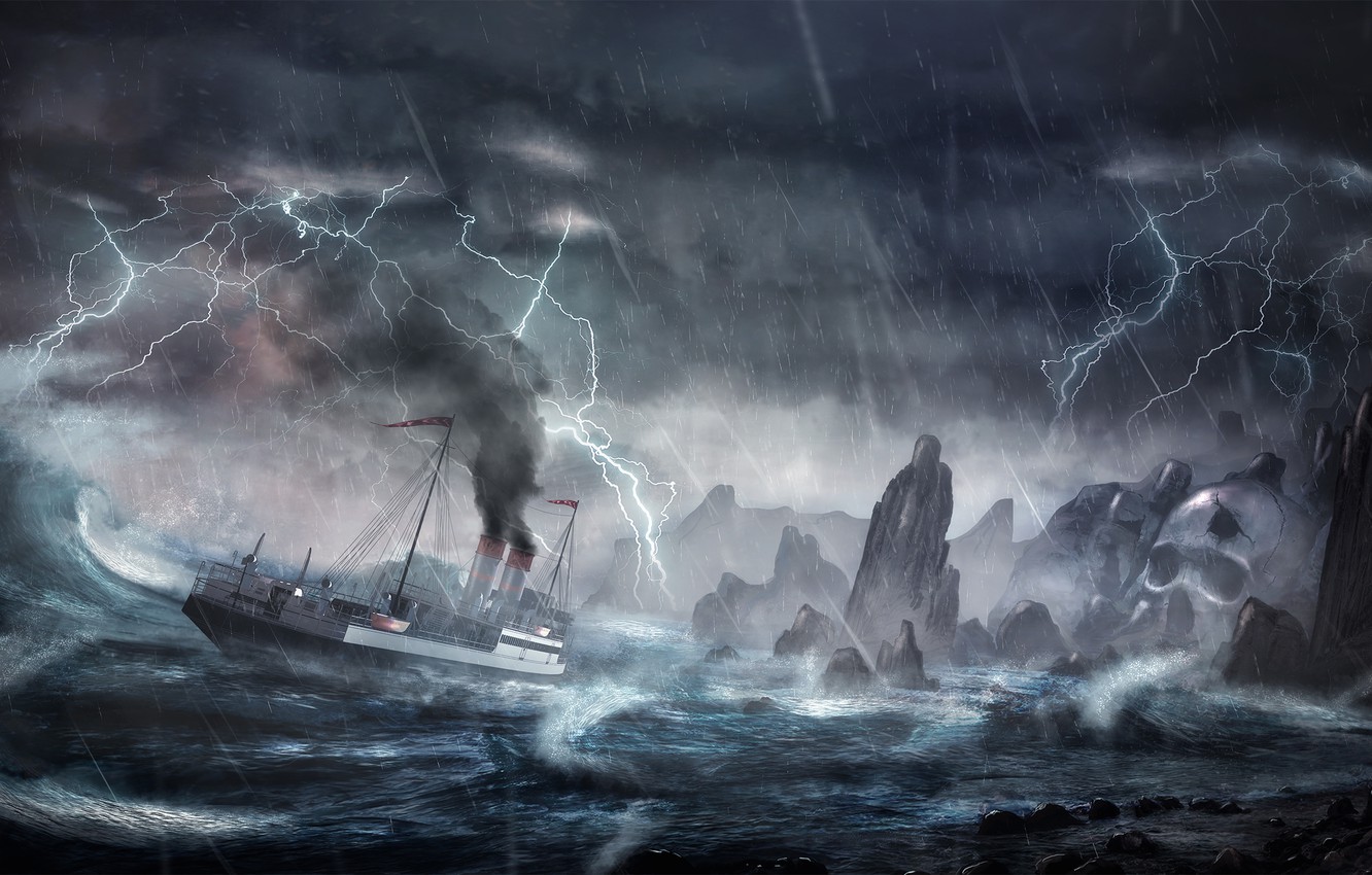 Wallpaper wave, storm, rocks, lightning, ship, island, storm, disaster image for desktop, section ситуации