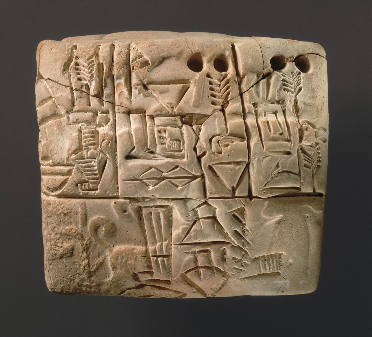 Proto Cuneiform Tablet With Seal Impressions: Administrative Account Of Barley Distribution With Cylinder Seal Impression Of A Male Figure, Hunting Dogs, And Boars. Sumerian. Jemdet Nasr. The Metropolitan Museum Of Art