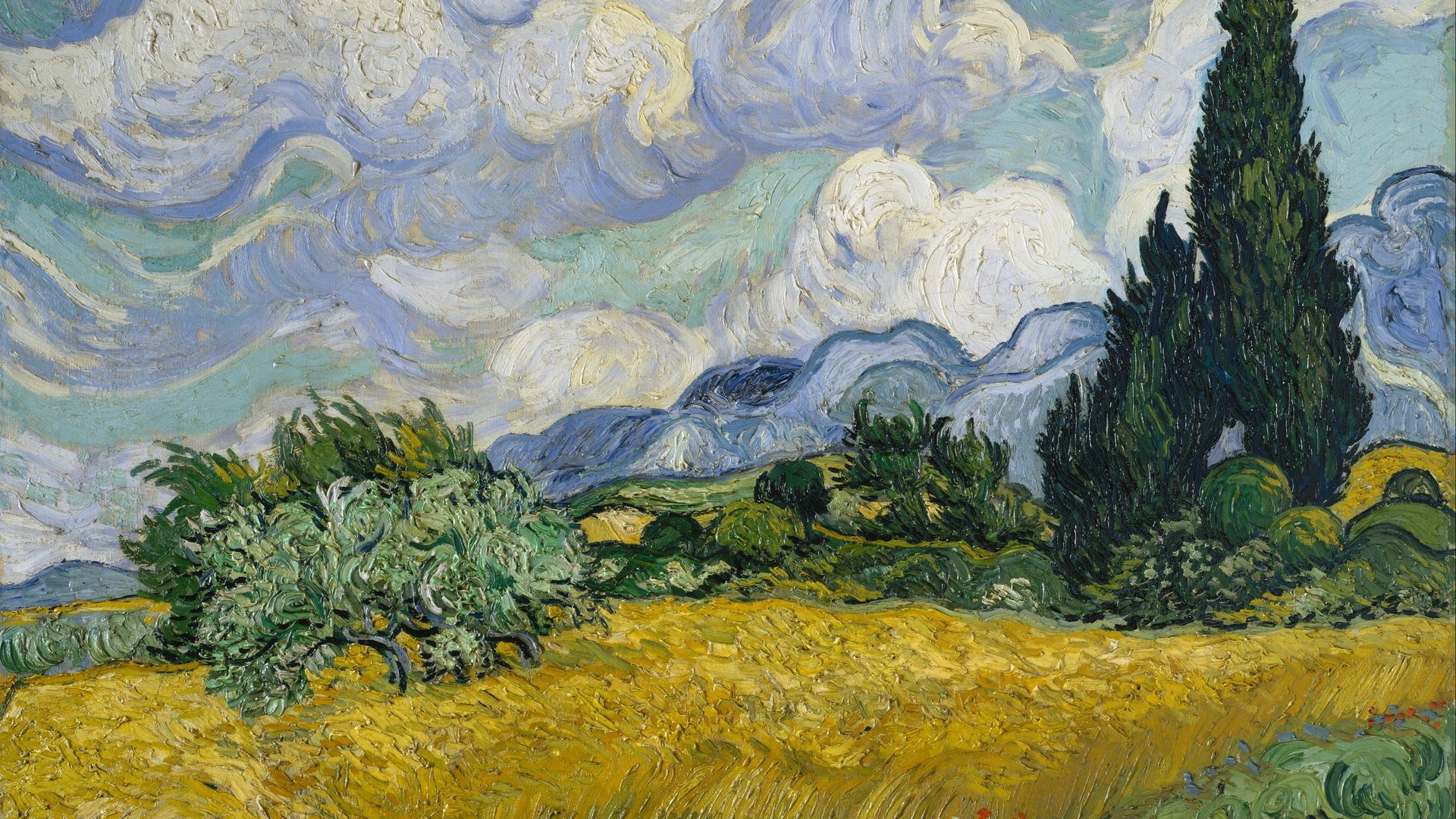 Download wallpaper 1920x1080 vincent van gogh, wheat field with cypresses, wheat fields, oil, canvas full hd, hdtv, fhd, 1080p HD background