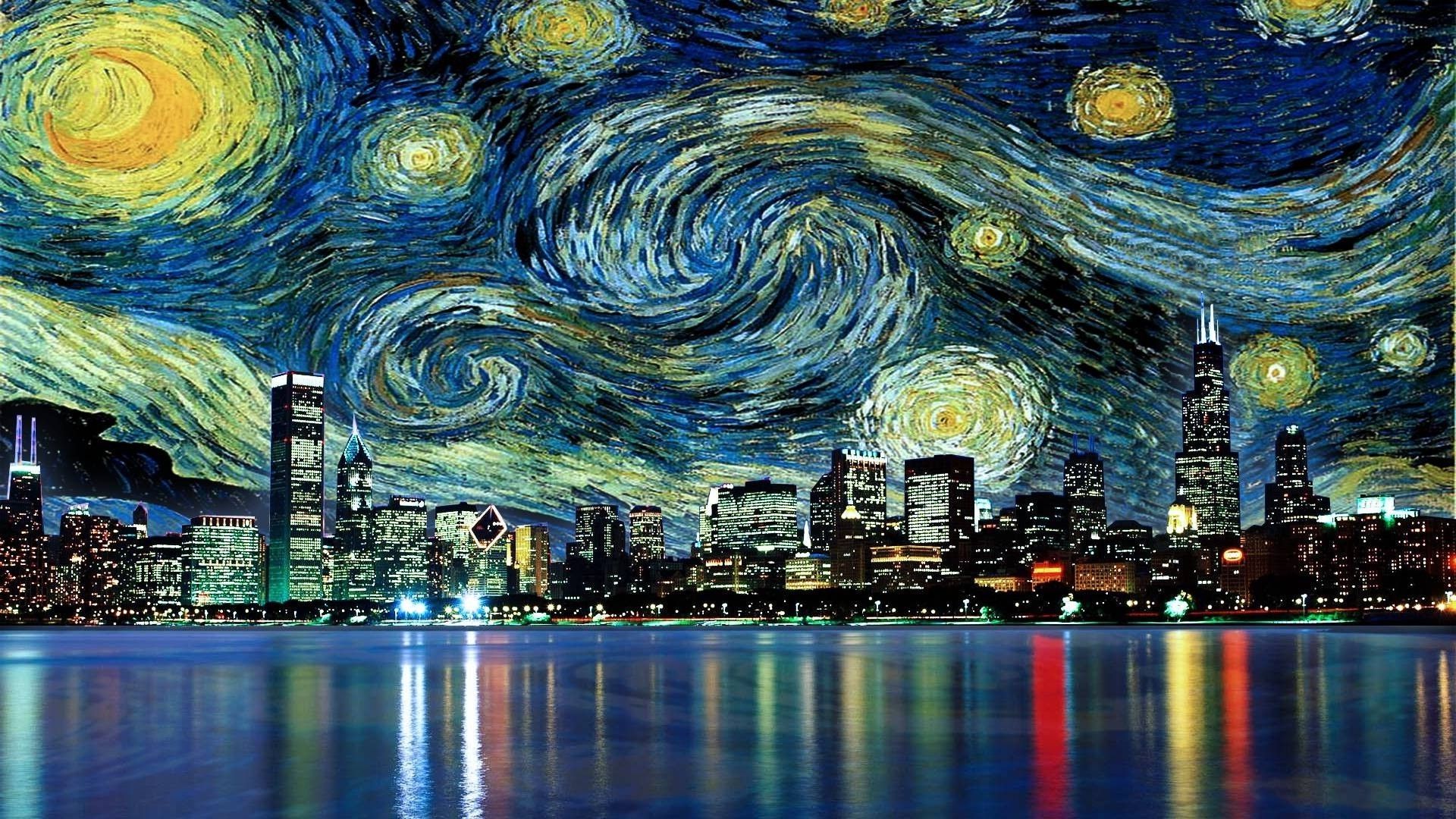 cityscape, Skyscraper, Reflection, Painting, Vincent Van Gogh. Starry night van gogh, Starry night wallpaper, Van gogh wallpaper