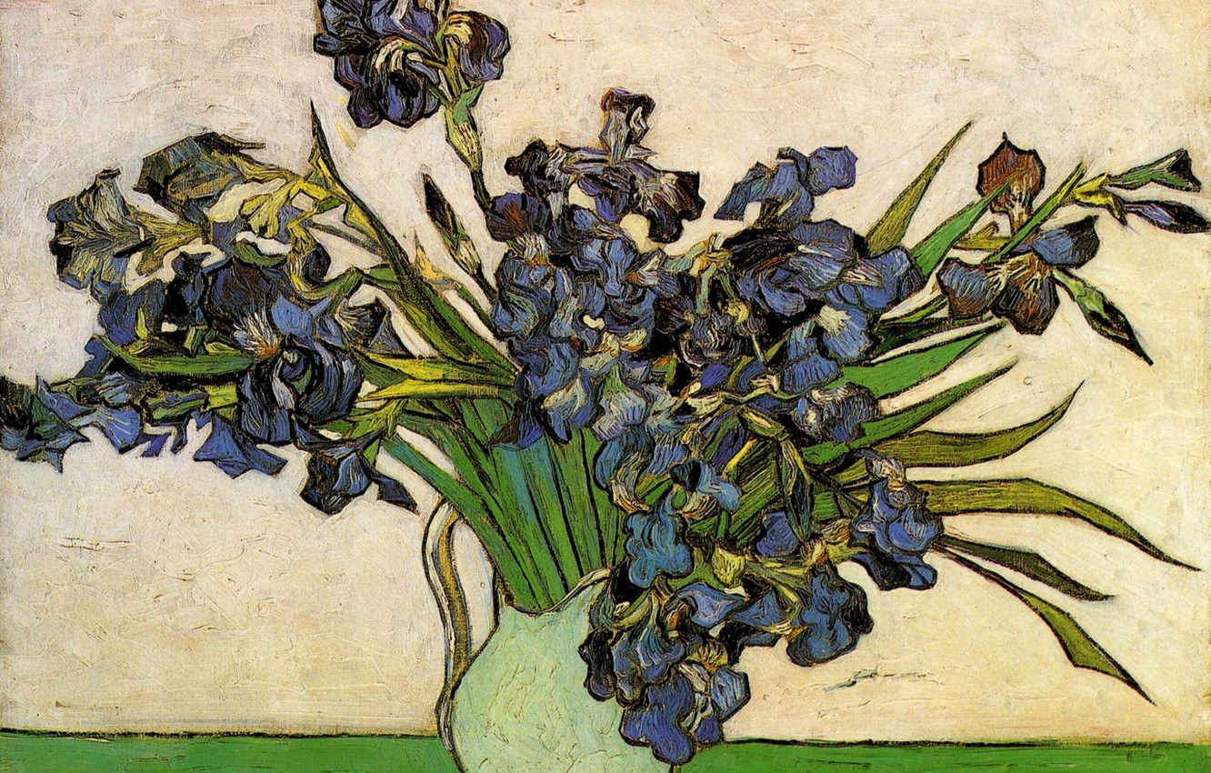 Wallpaper flowers, vase, Still Life, Vincent van Gogh, Vase with Irises image for desktop, section живопись
