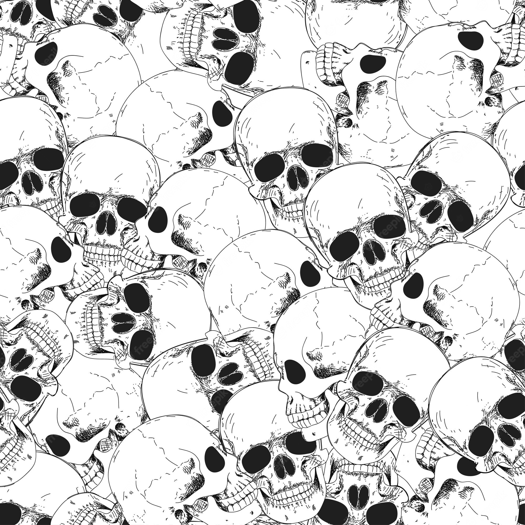 Premium Vector. Skull seamless pattern halloween wallpaper human skeleton hand drawing background