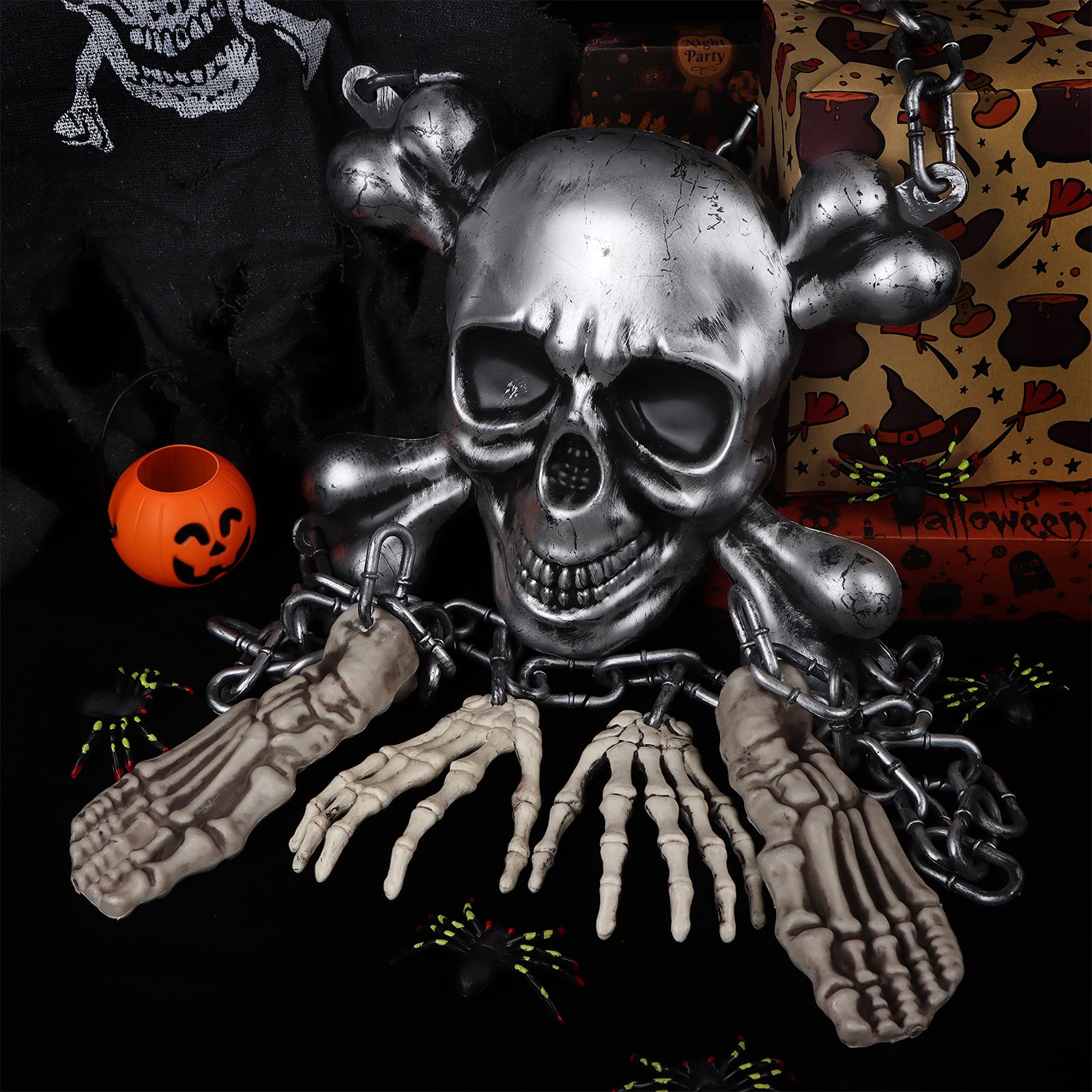 Halloween Hanging Skull Decorations 44.5 x 11 Inches Scary Skeleton Head Hanging Chain Hanging Skull Decorations Plastic Skull Head Chain with Skeleton Hands and Foot Halloween Hanging Prop (silver)