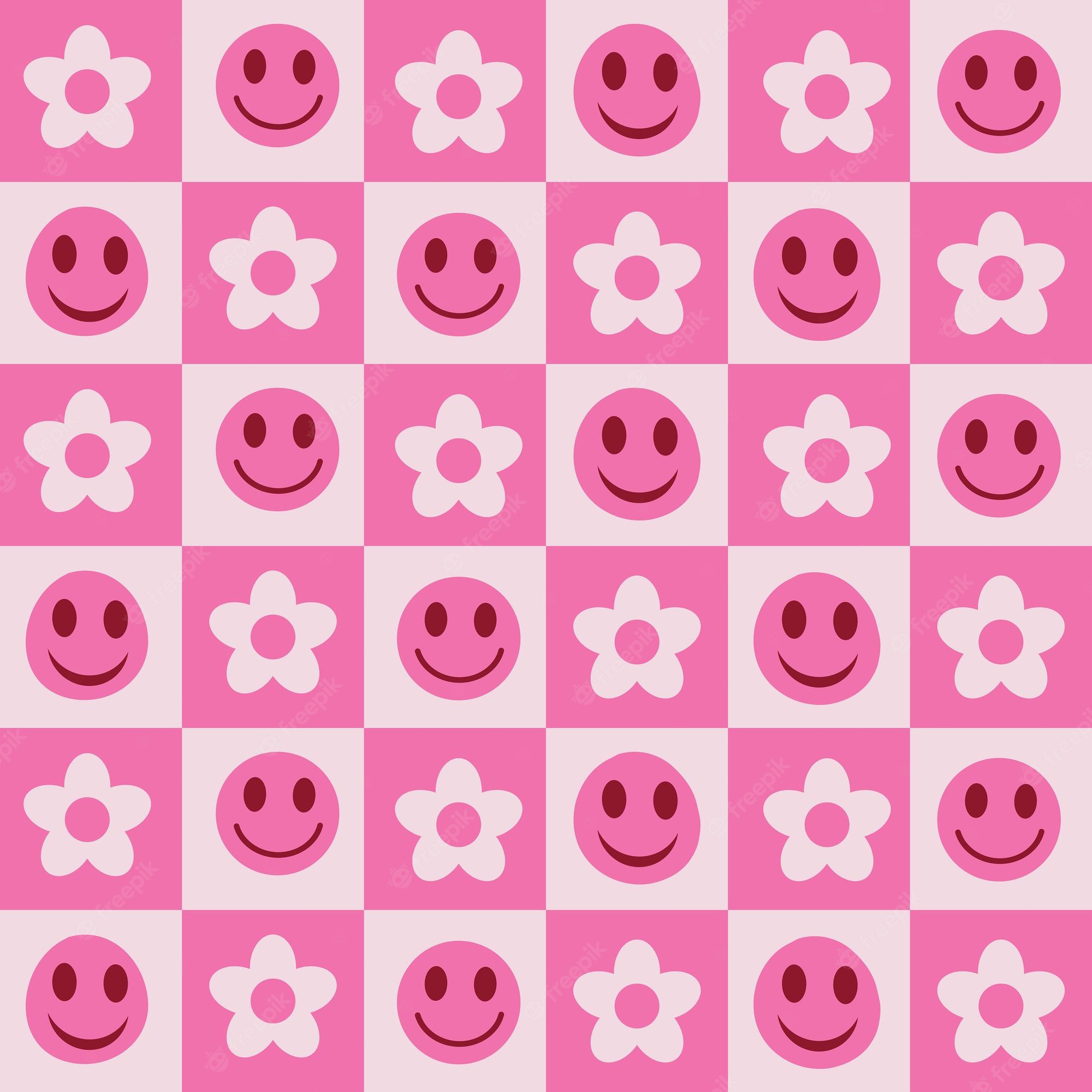 Premium Vector. Checkered hot pink retro flowers and happy faces seamless pattern