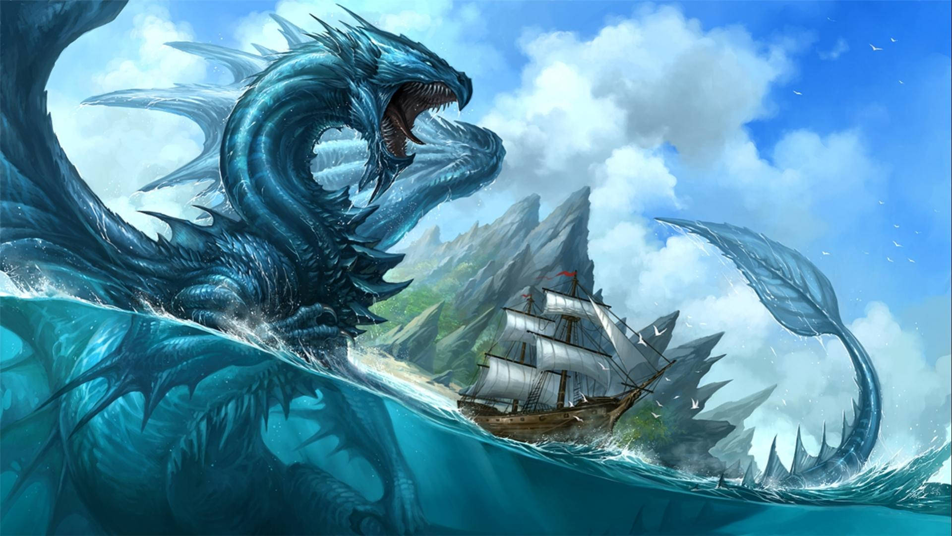 Download Scary And Giant Blue Water Dragon Wallpaper