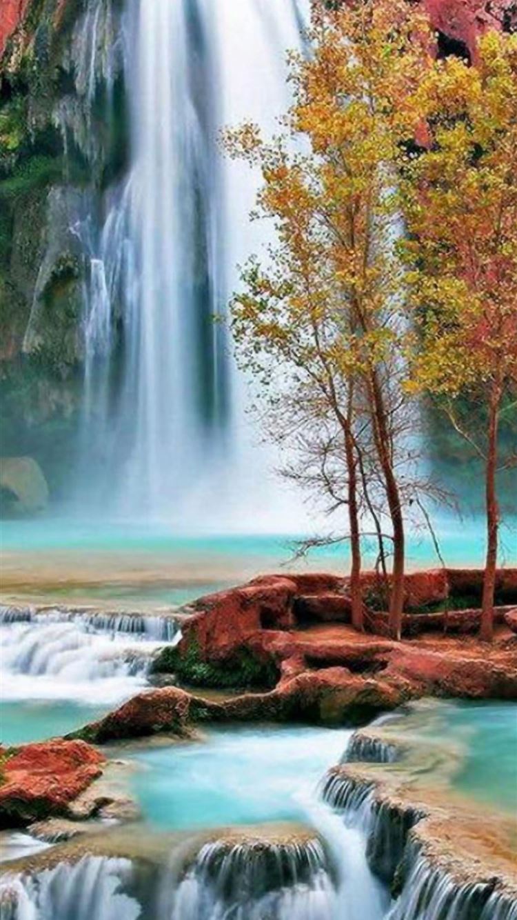 Autumn Waterfall Landscape iPhone Wallpaper Free Download