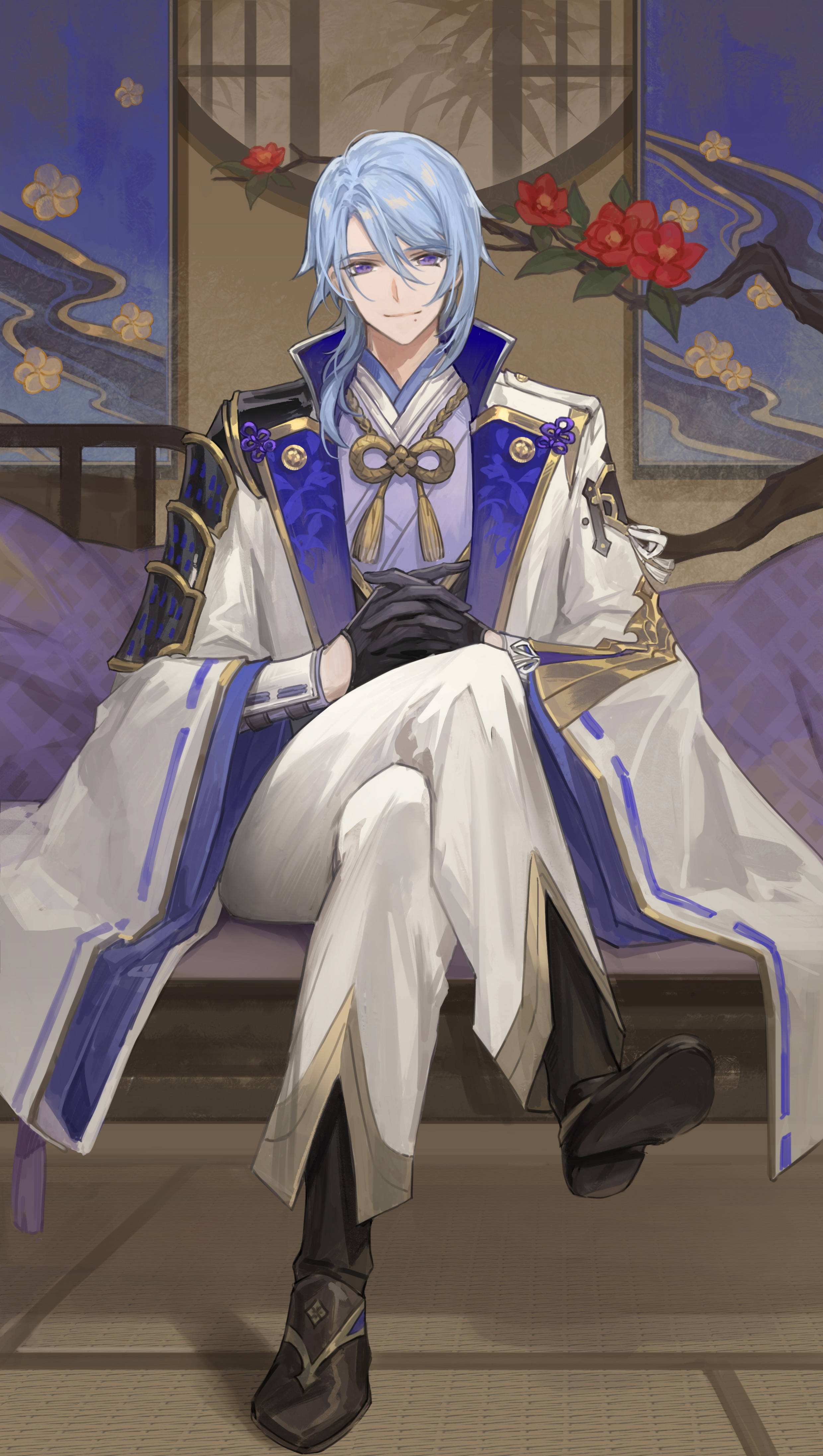 Download Kamisato Ayato Sitting On A Bench Wallpaper