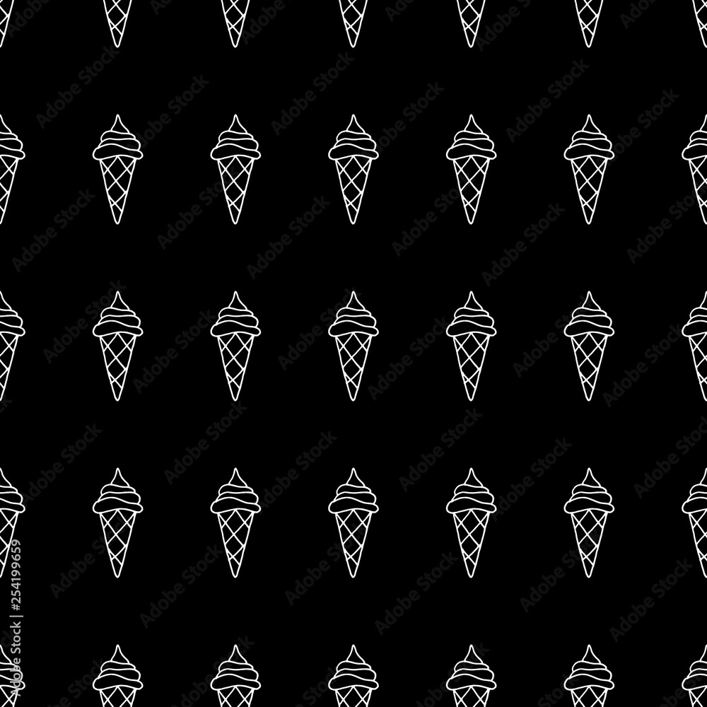 Cute cartoon summer background with hand drawn ice cream. Sweet vector black and white summer background. Seamless monochrome doodle summer background for textile, wallpaper, wrapping paper and web. Stock Vector