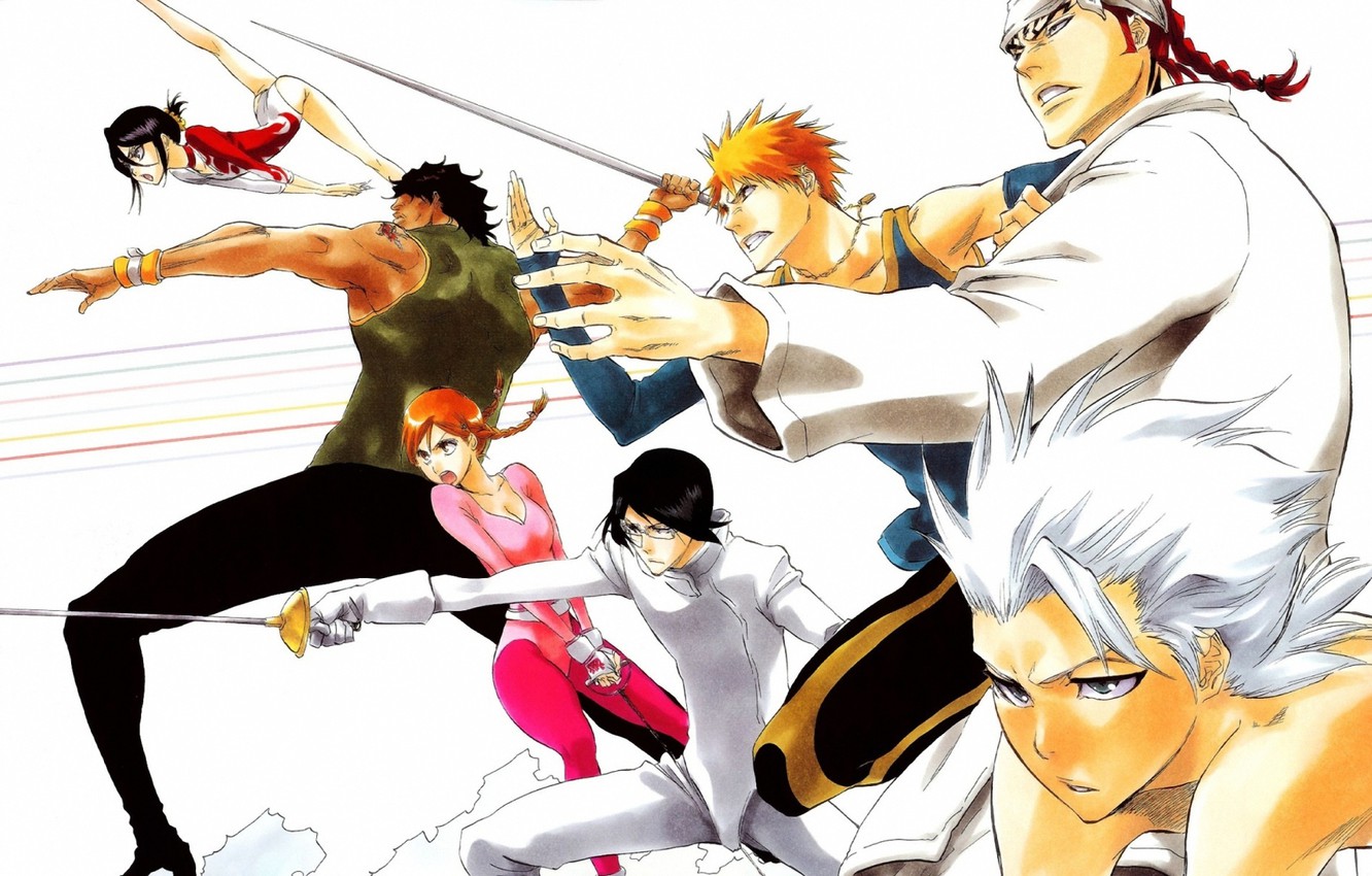 Wallpaper girls, guys, bleach, Ichigo Kurosaki, anime, Kuchiki Rukia, Orihime Inoue, Yasutora Sado, Renji Abarai, Uryuu Ishida, Toushiro Hitsugaya image for desktop, section сёнэн