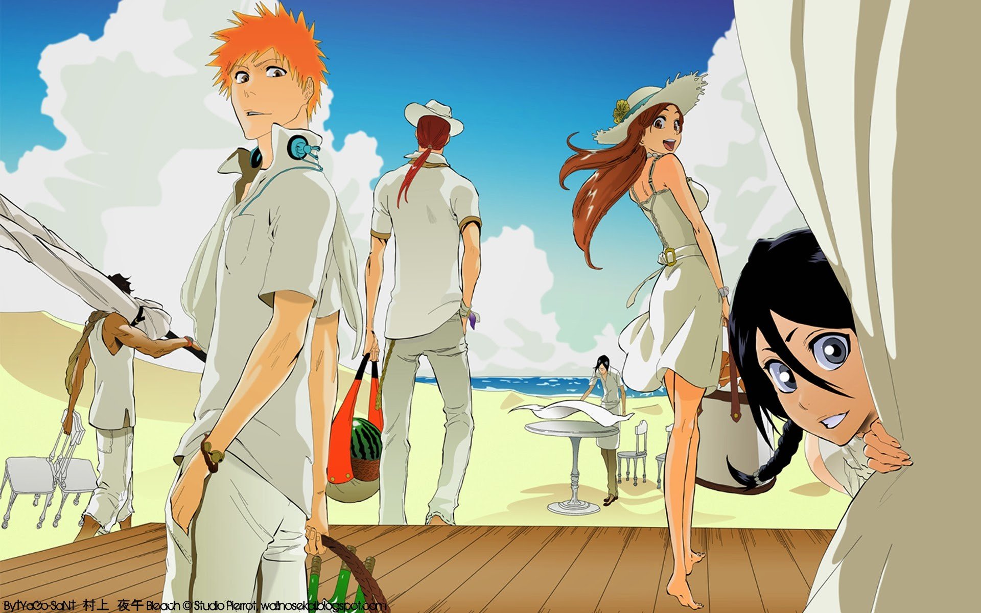 Bleach, Kurosaki Ichigo, Kuchiki Rukia, Abarai Renji, Inoue Orihime, Ishida Uryu, Yasutora Sado, Beach, Manga HD Wallpaper / Desktop and Mobile Image & Photo