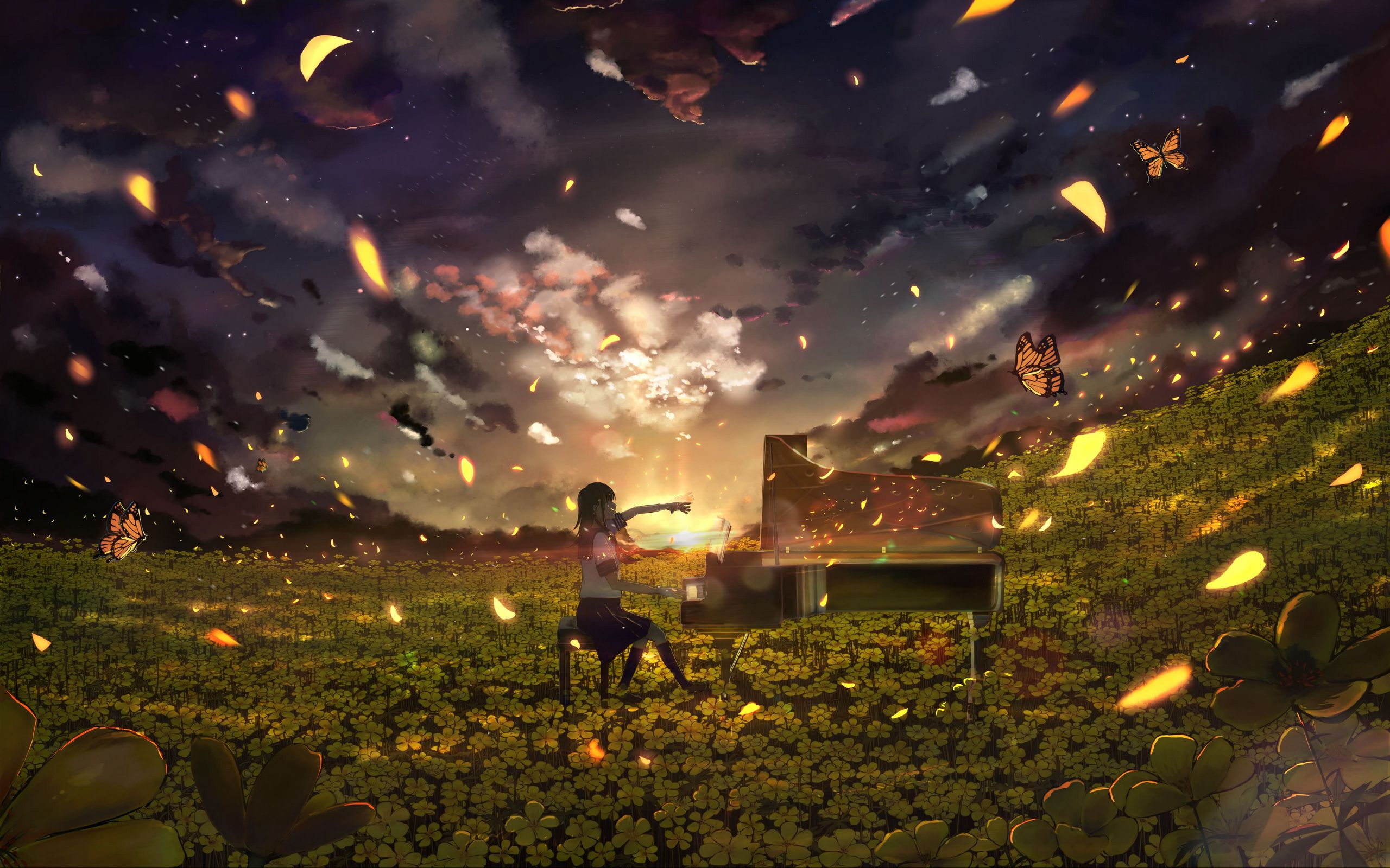Download wallpaper 2560x1600 girl, piano, field, flowers, anime, art widescreen 16:10 HD background